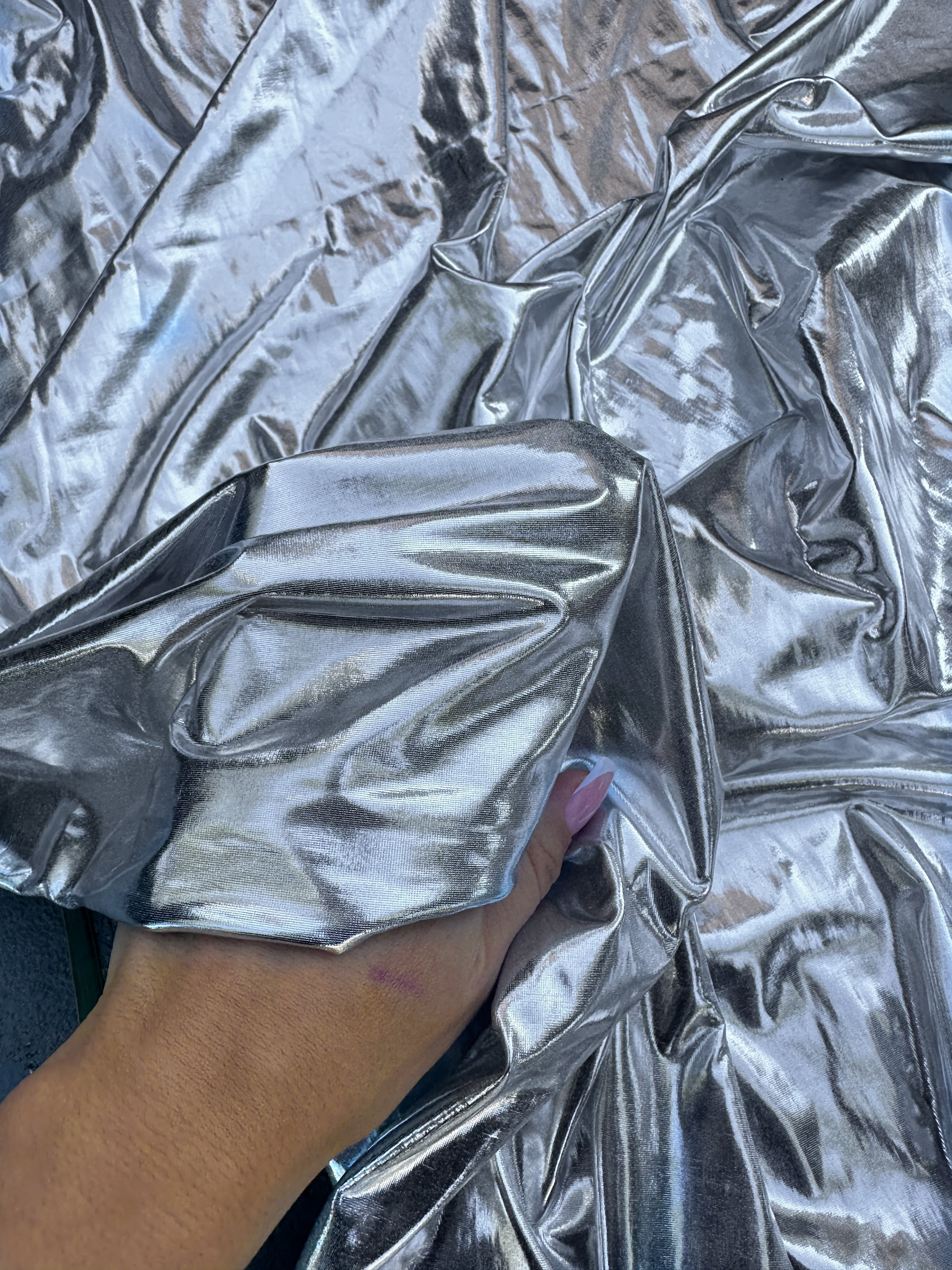 silver coated spandex pleather, Shiny silver pleather, silver pleather, pleather for woman, light silver pleather, dark silver spandex