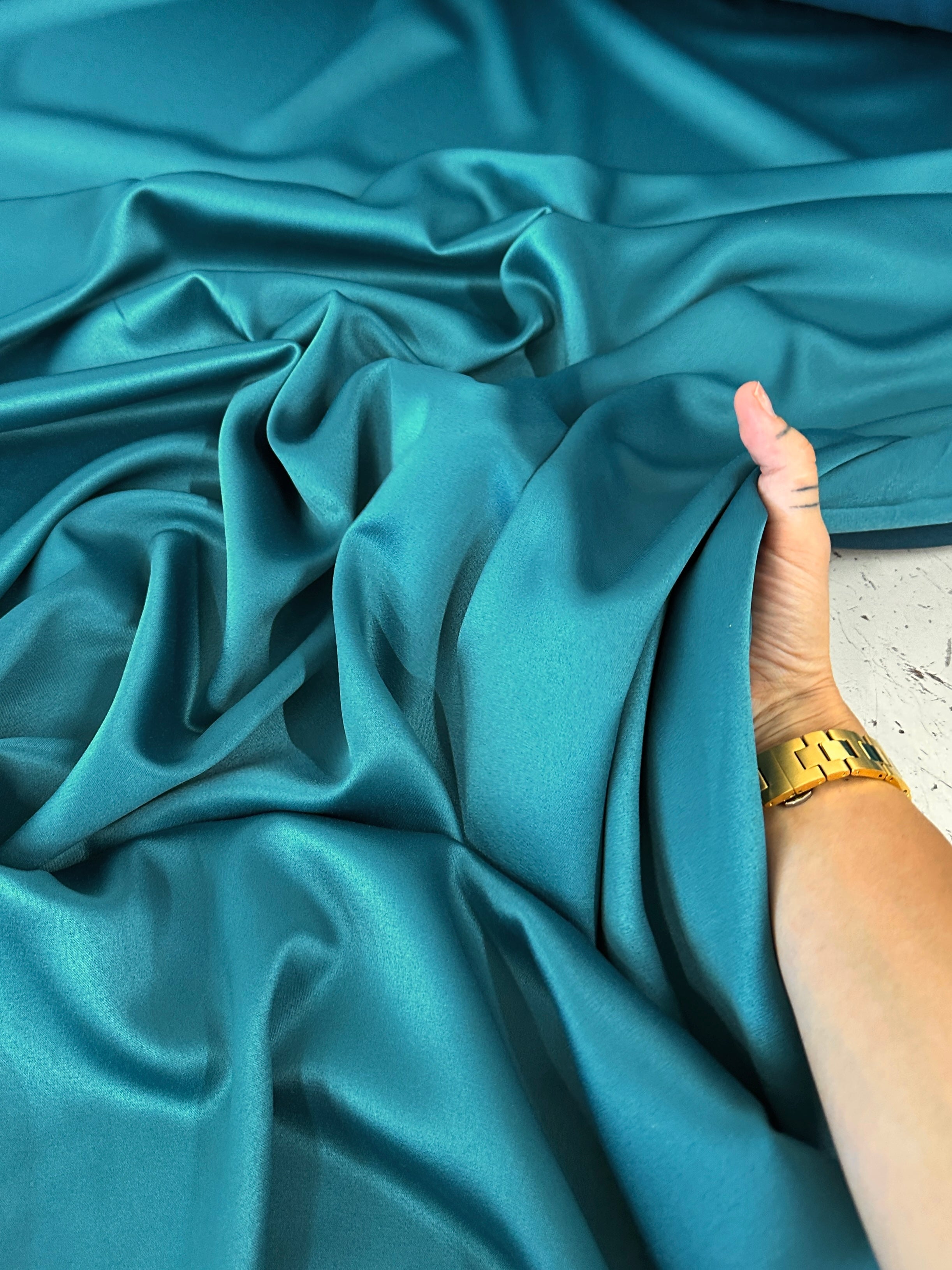 teal green stretch crepe back satin, green stretch crepe back satin, dark green stretch crepe back satin, premium stretch crepe back satin, satin for bride, satin for woman, satin in low price, cheap satin, satin on sale
