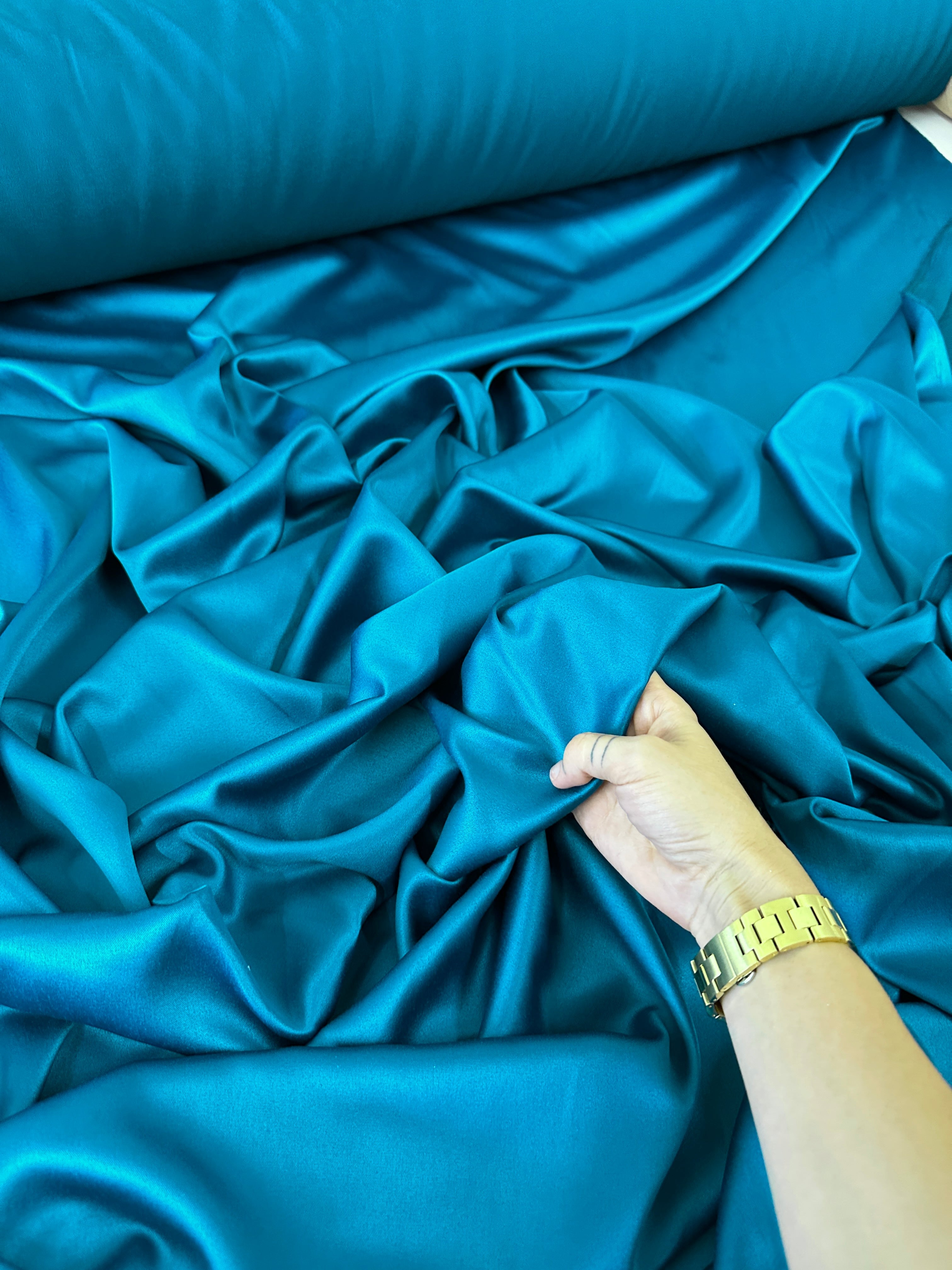 teal blue stretch crepe back satin, blue stretch crepe back satin, dark blue stretch crepe back satin, premium stretch crepe back satin, satin for bride, satin for woman, satin in low price, cheap satin, satin on sale