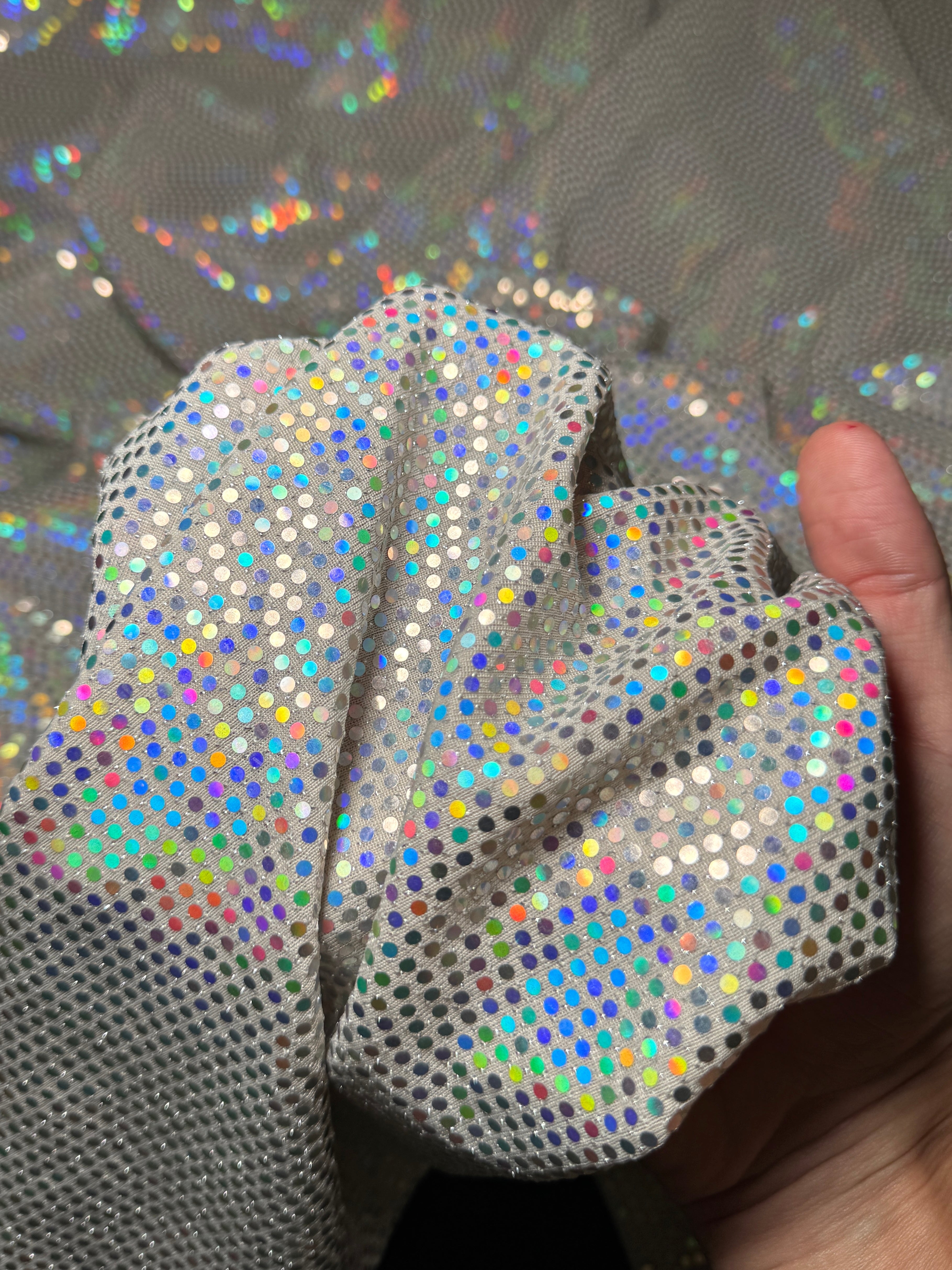 Off White Iridescent Sequin Mirror Foiled Spandex, Fabric Store, Sewing Store, Cheap Fabric Store, Kiki Textiles, Textile by the Yard
