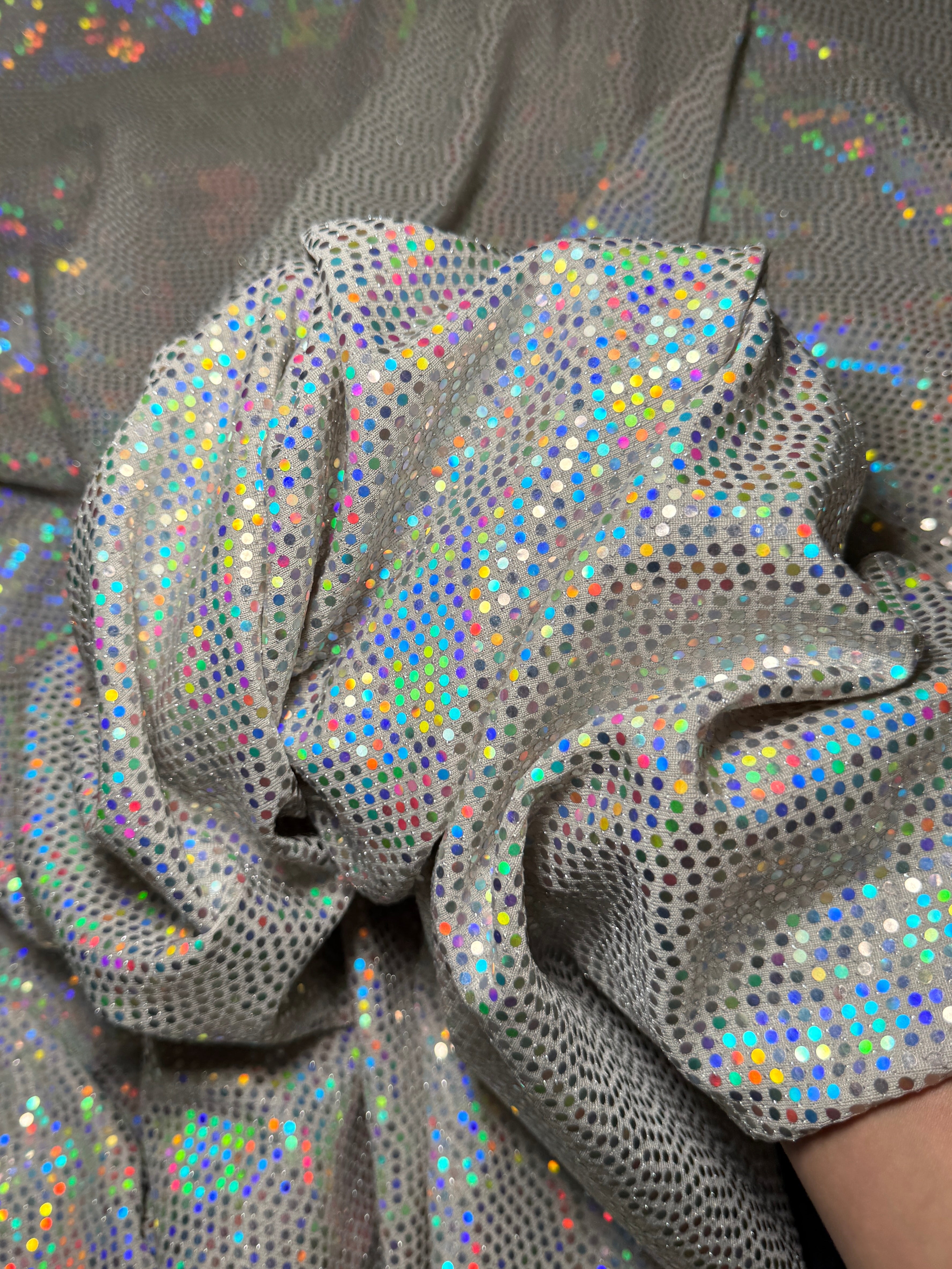 Off White Iridescent Sequin Mirror Foiled Spandex, Fabric Store, Sewing Store, Cheap Fabric Store, Kiki Textiles, Textile by the Yard