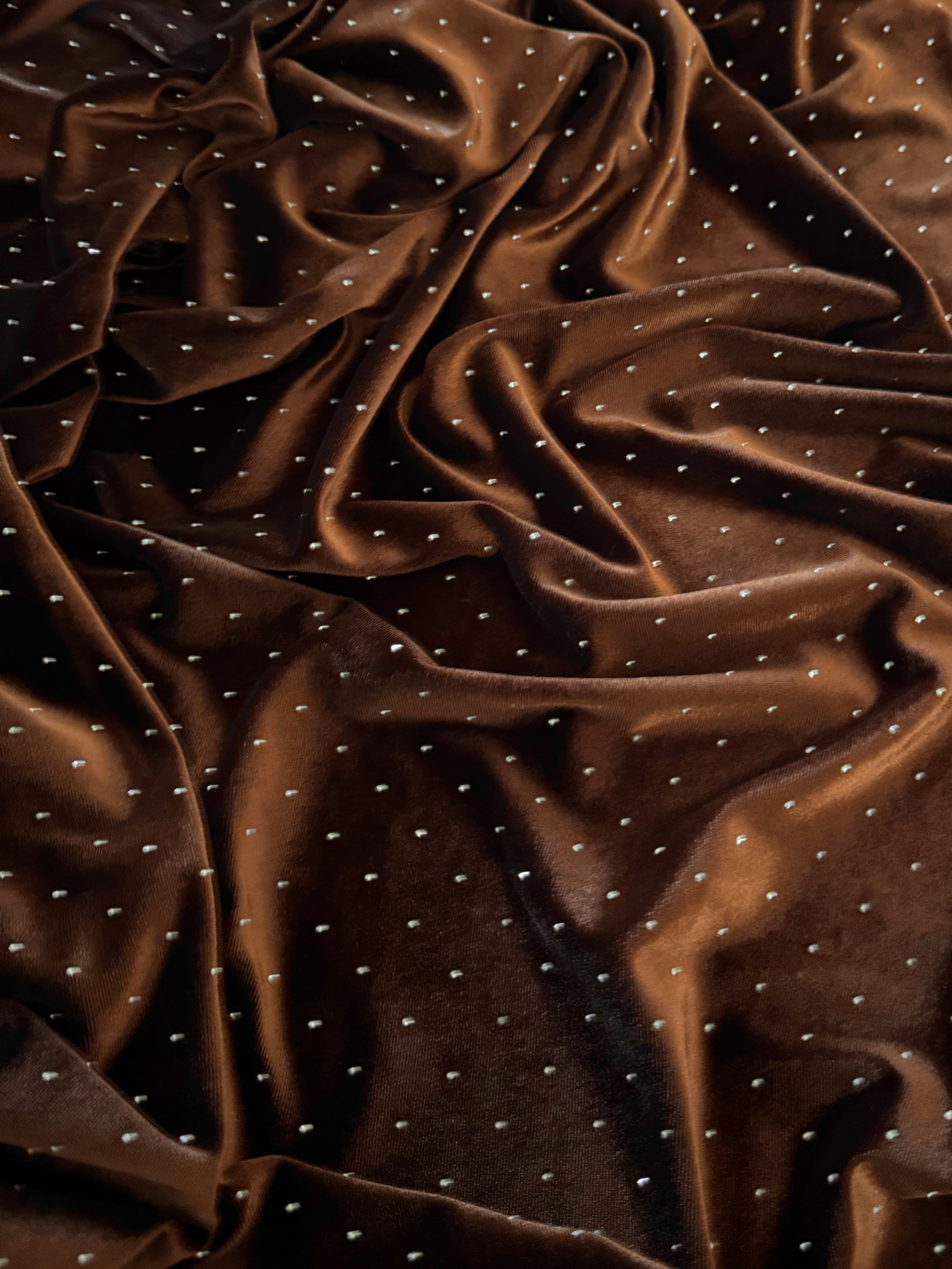 Brown Sturdust Rhinestone Beaded Stretch Velvet, Rhinestone Velvet, Beaded Velvet, Stretch Velvet, Velvet Fabric, Rhinestone Fabric, Beaded Fabric, Embellished Velvet, Embellished Fabric, Crystal Velvet