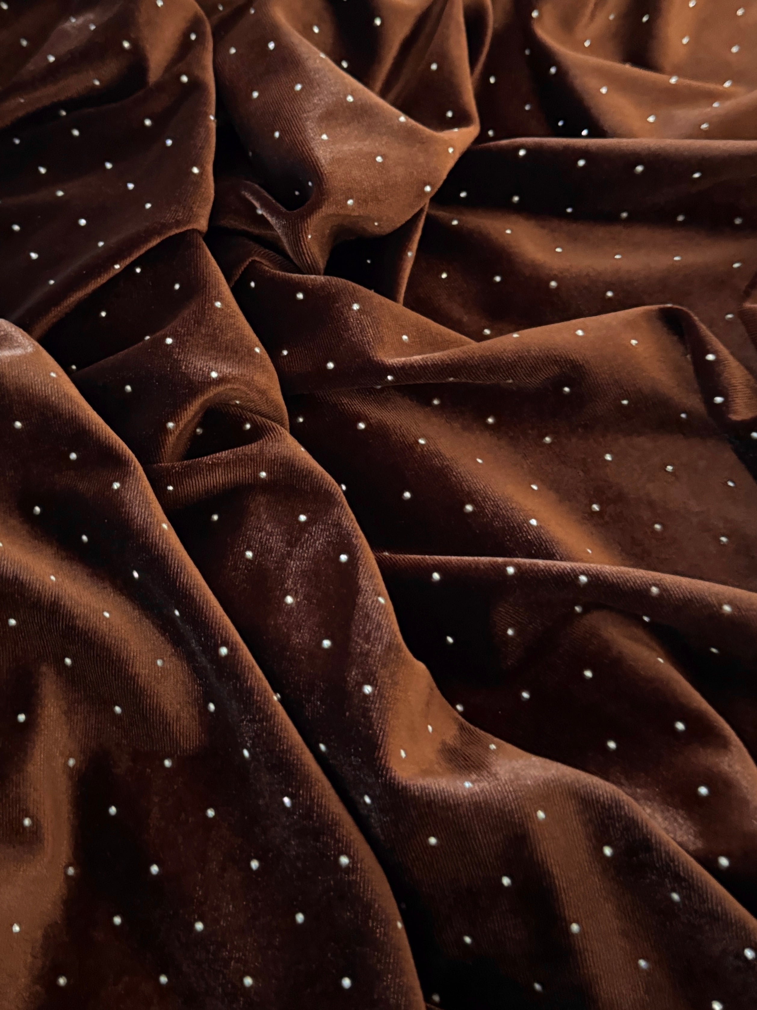 Brown Sturdust Rhinestone Beaded Stretch Velvet, Fabric Store, Sewing Store, Cheap Fabric Store, Kiki Textiles, Textile by the Yard