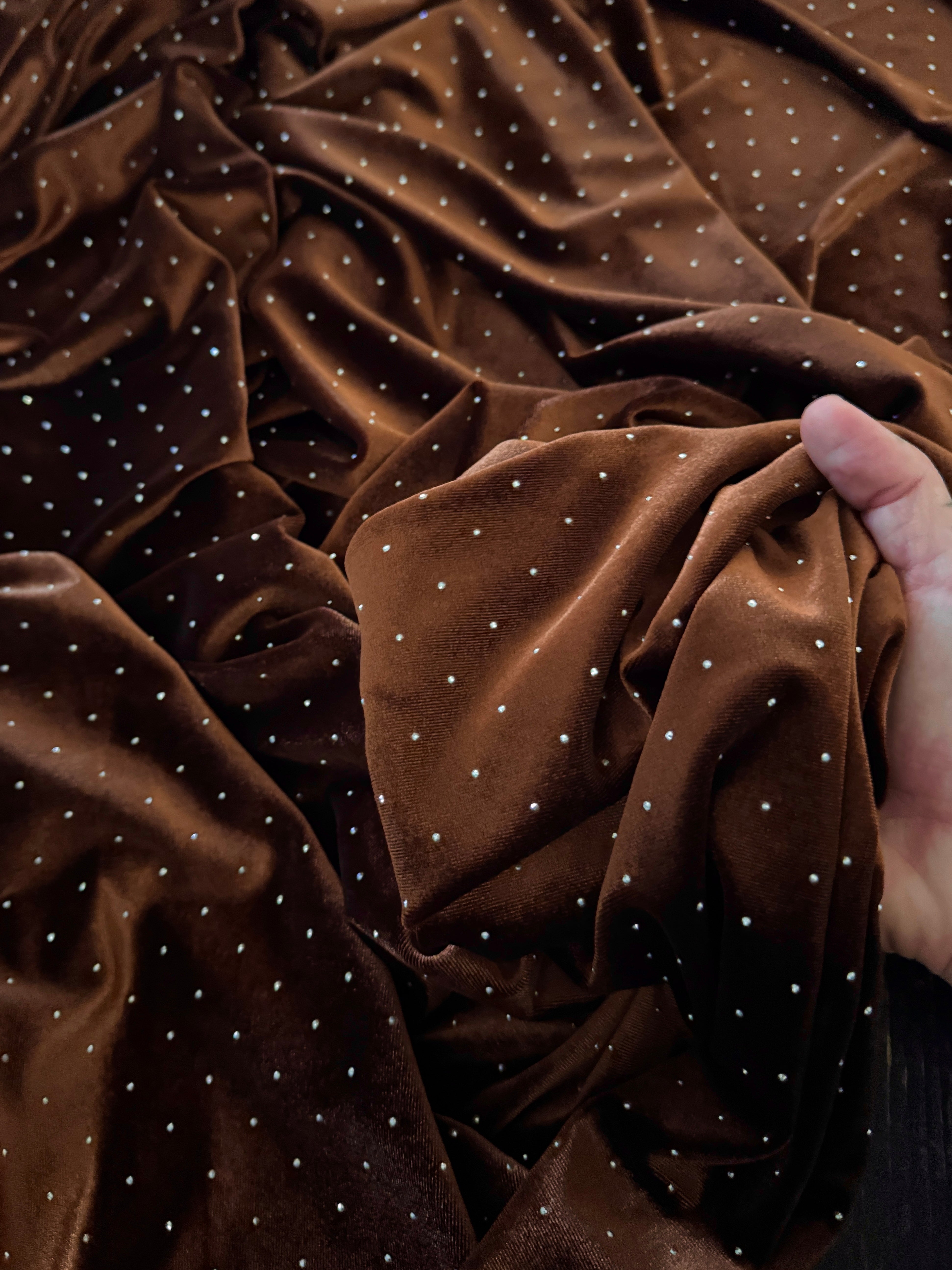 Brown Sturdust Rhinestone Beaded Stretch Velvet, Fabric Store, Sewing Store, Cheap Fabric Store, Kiki Textiles, Textile by the Yard