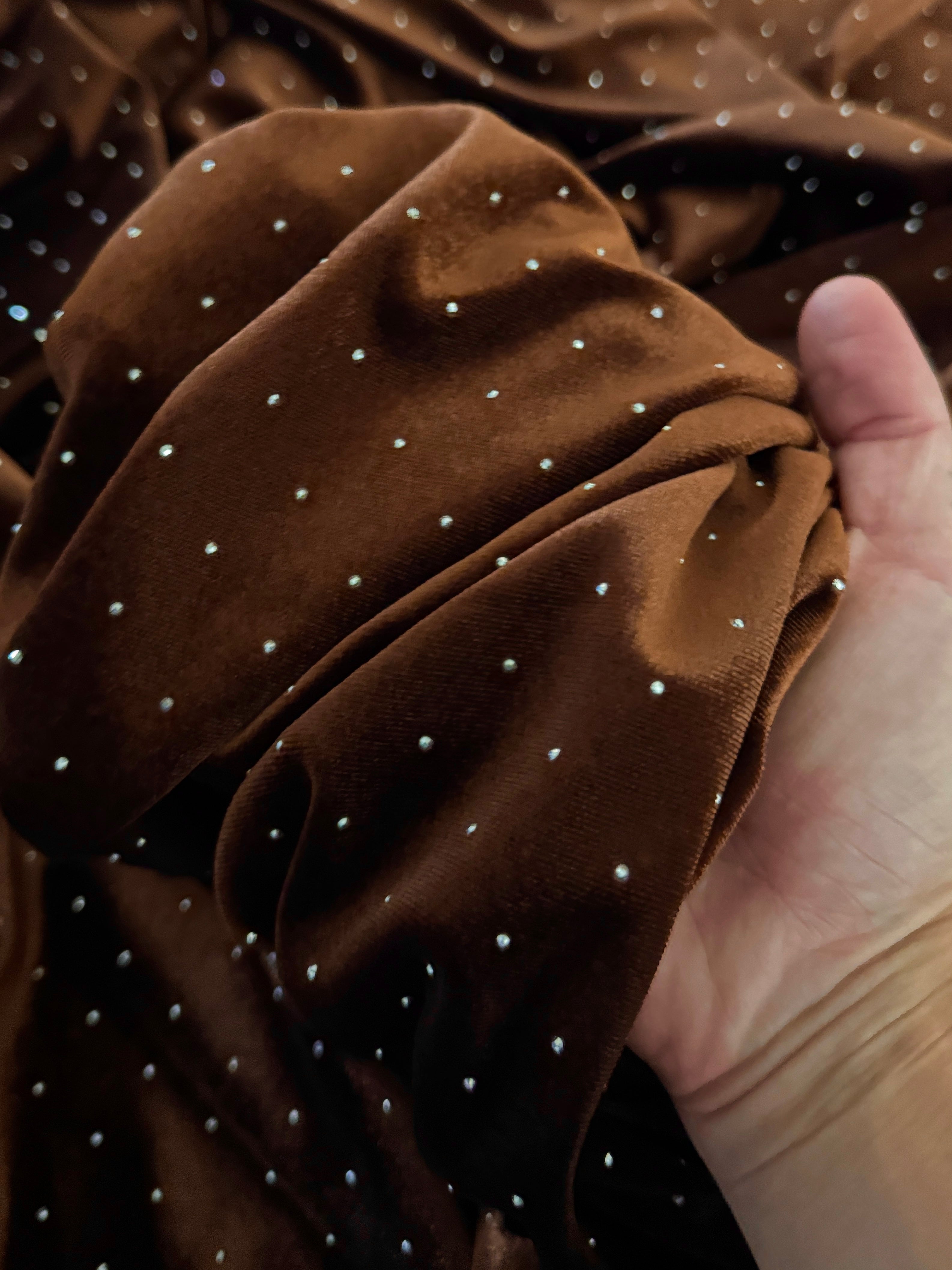 Brown Sturdust Rhinestone Beaded Stretch Velvet, Fabric Store, Sewing Store, Cheap Fabric Store, Kiki Textiles, Textile by the Yard
