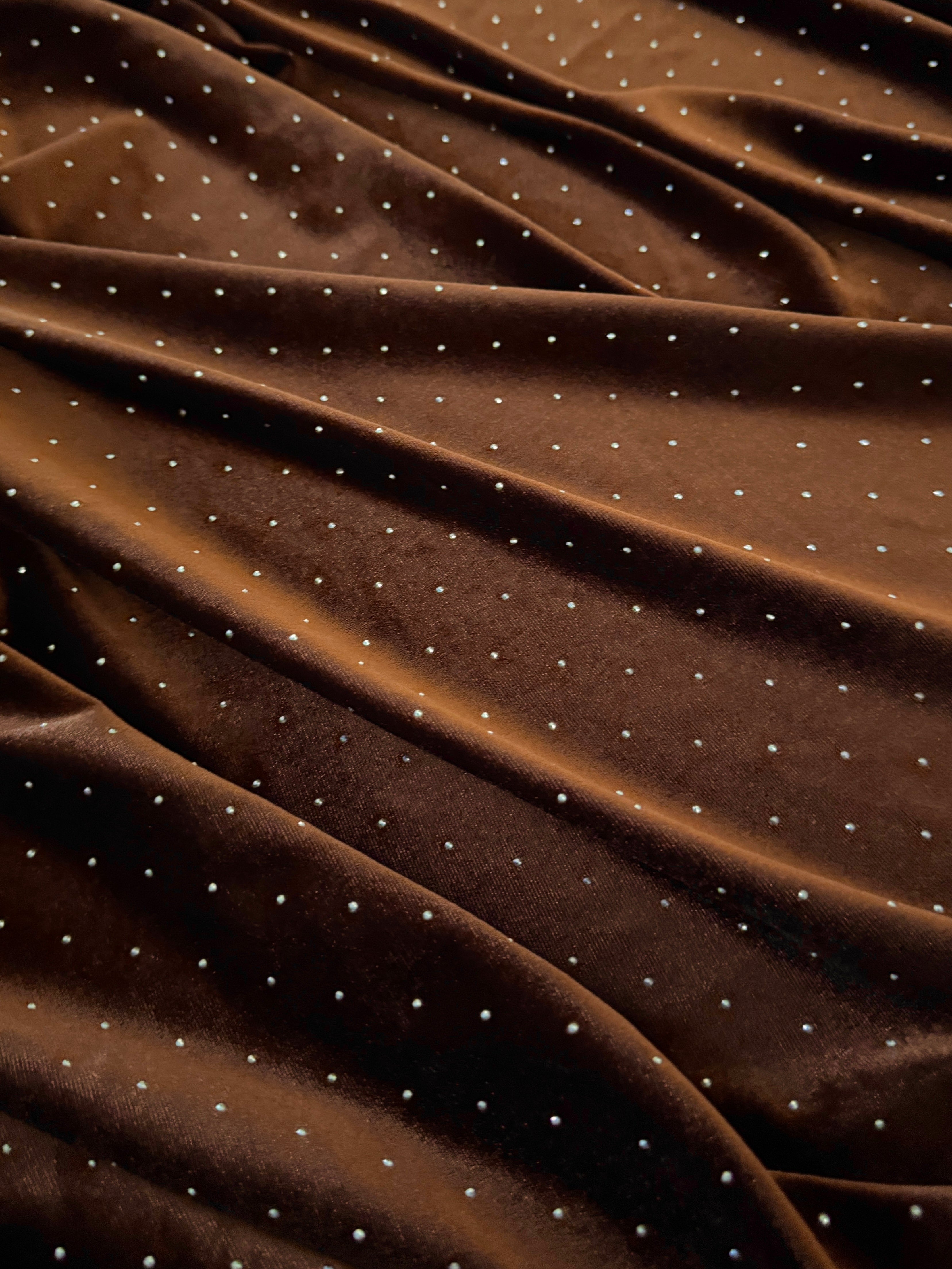 Brown Sturdust Rhinestone Beaded Stretch Velvet, Rhinestone Velvet, Beaded Velvet, Stretch Velvet, Velvet Fabric, Rhinestone Fabric, Beaded Fabric, Embellished Velvet, Embellished Fabric, Crystal Velvet
