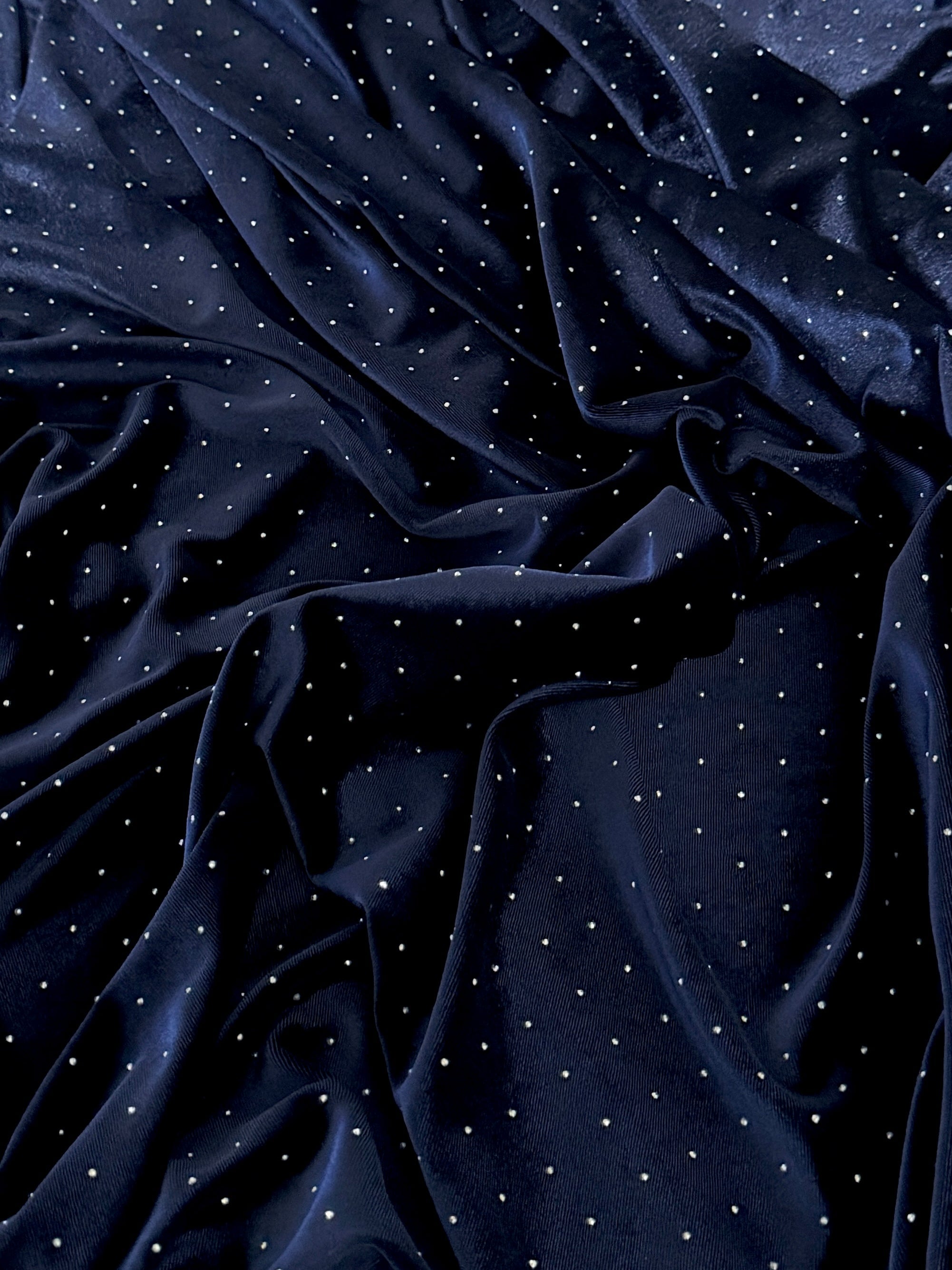 Navy Blue Sturdust Rhinestone Beaded Stretch Velvet, Fabric Store, Sewing Store, Cheap Fabric Store, Kiki Textiles, Textile by the Yard