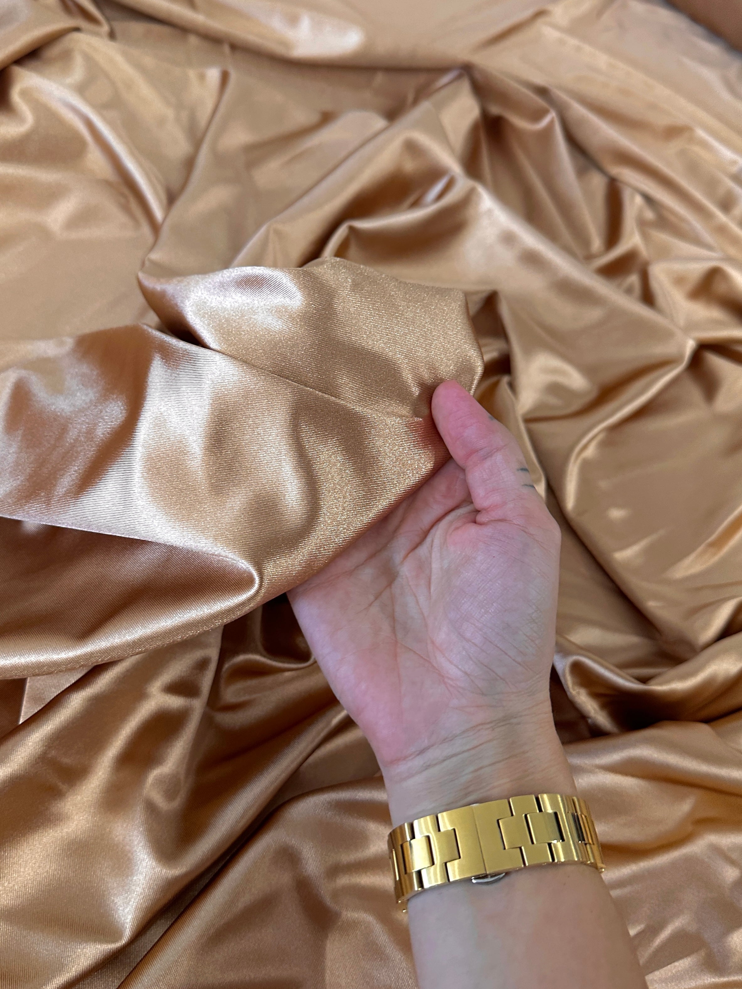 Mocha Nylon Spandex, Gold nylon spandex, 4 Way Stretch nylon spandex, Tan Spandex for Dress, shiny nylon spandex for woman, shiny nylon for bride, spandex for swim wear, premium spandex, spandex on sale, low price spandex