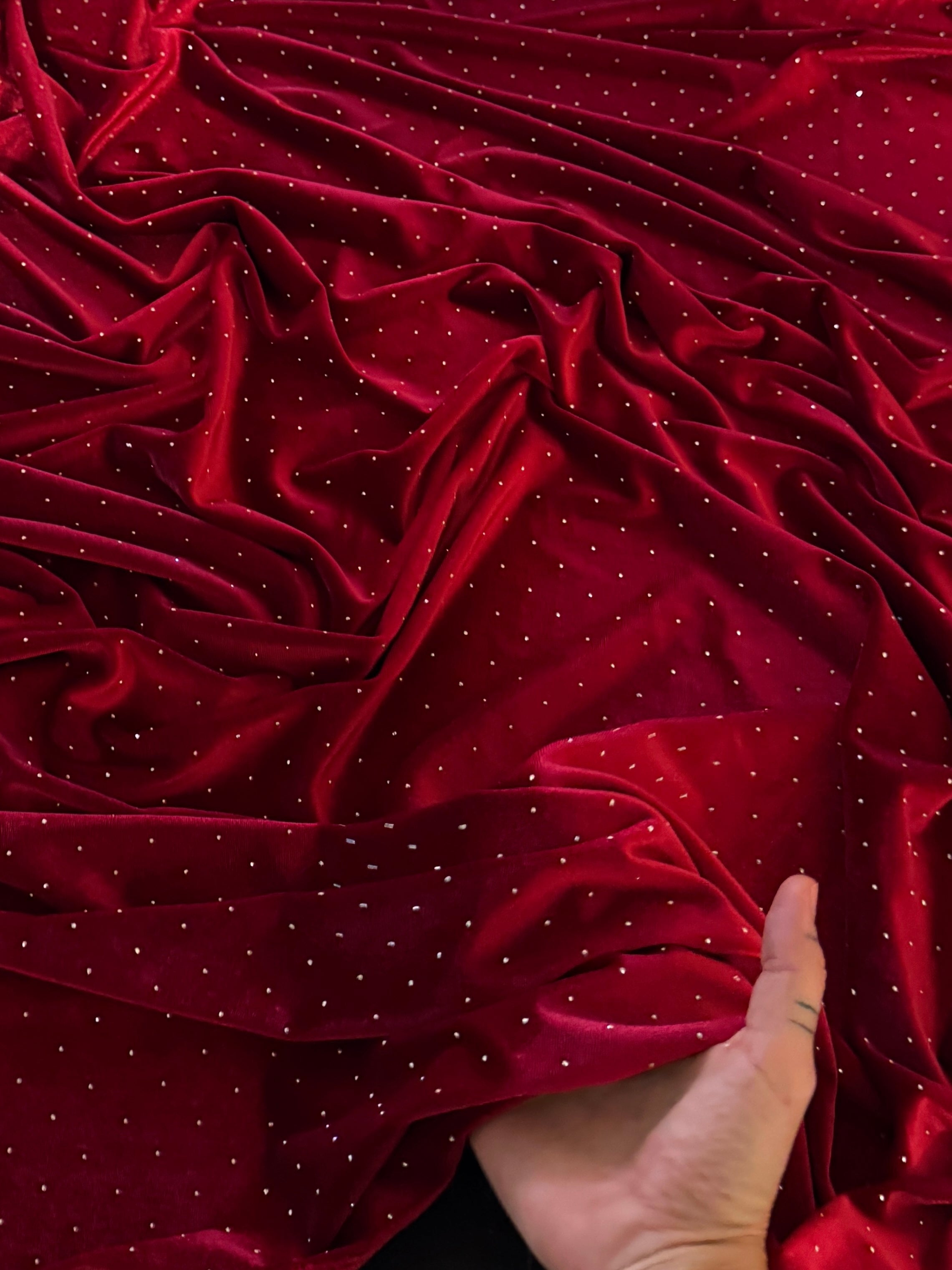 Red Sturdust Rhinestone Beaded Stretch Velvet, Fabric Store, Sewing Store, Cheap Fabric Store, Kiki Textiles, Textile by the Yard