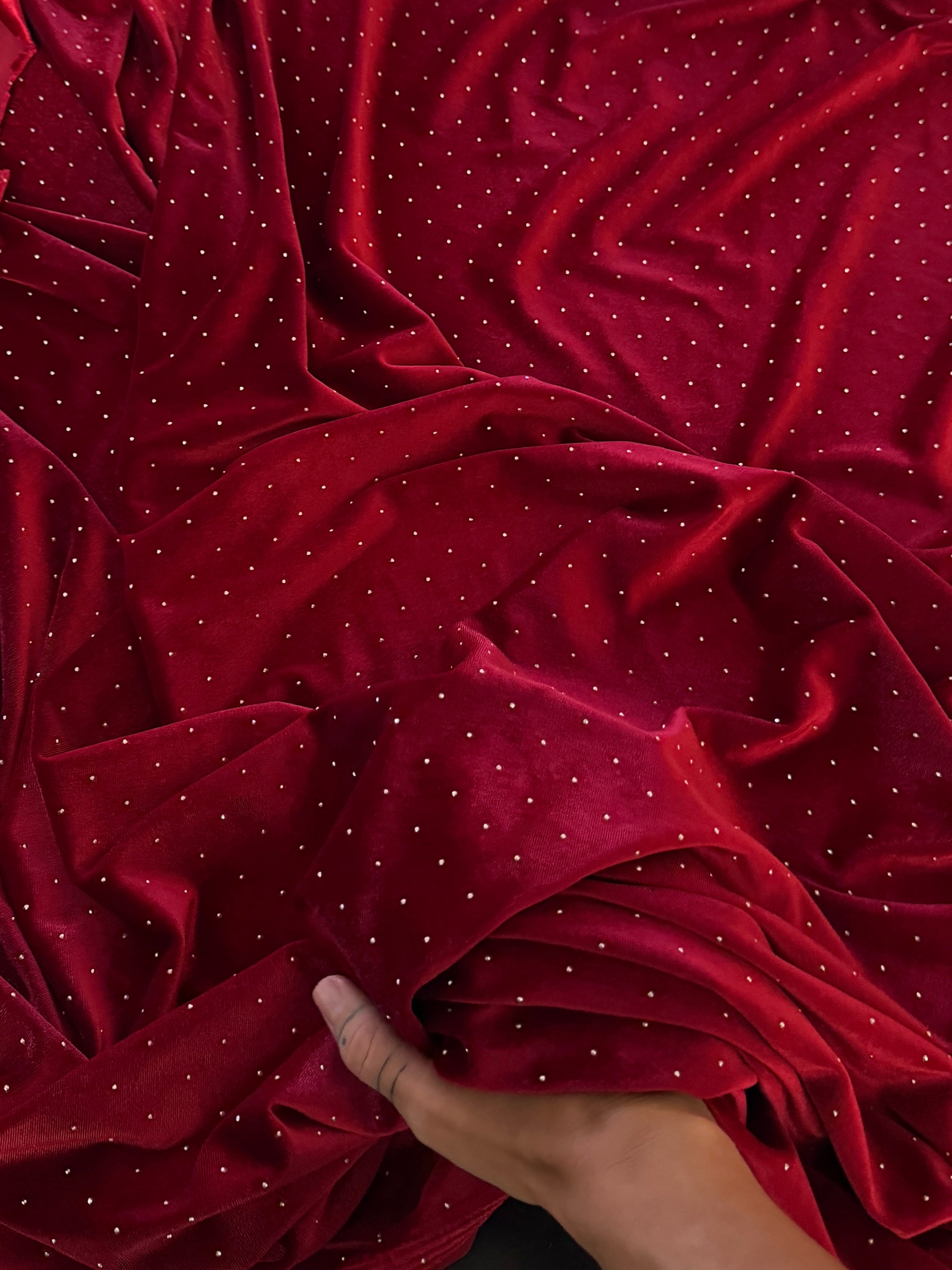 Red Sturdust Rhinestone Beaded Stretch Velvet, Fabric Store, Sewing Store, Cheap Fabric Store, Kiki Textiles, Textile by the Yard