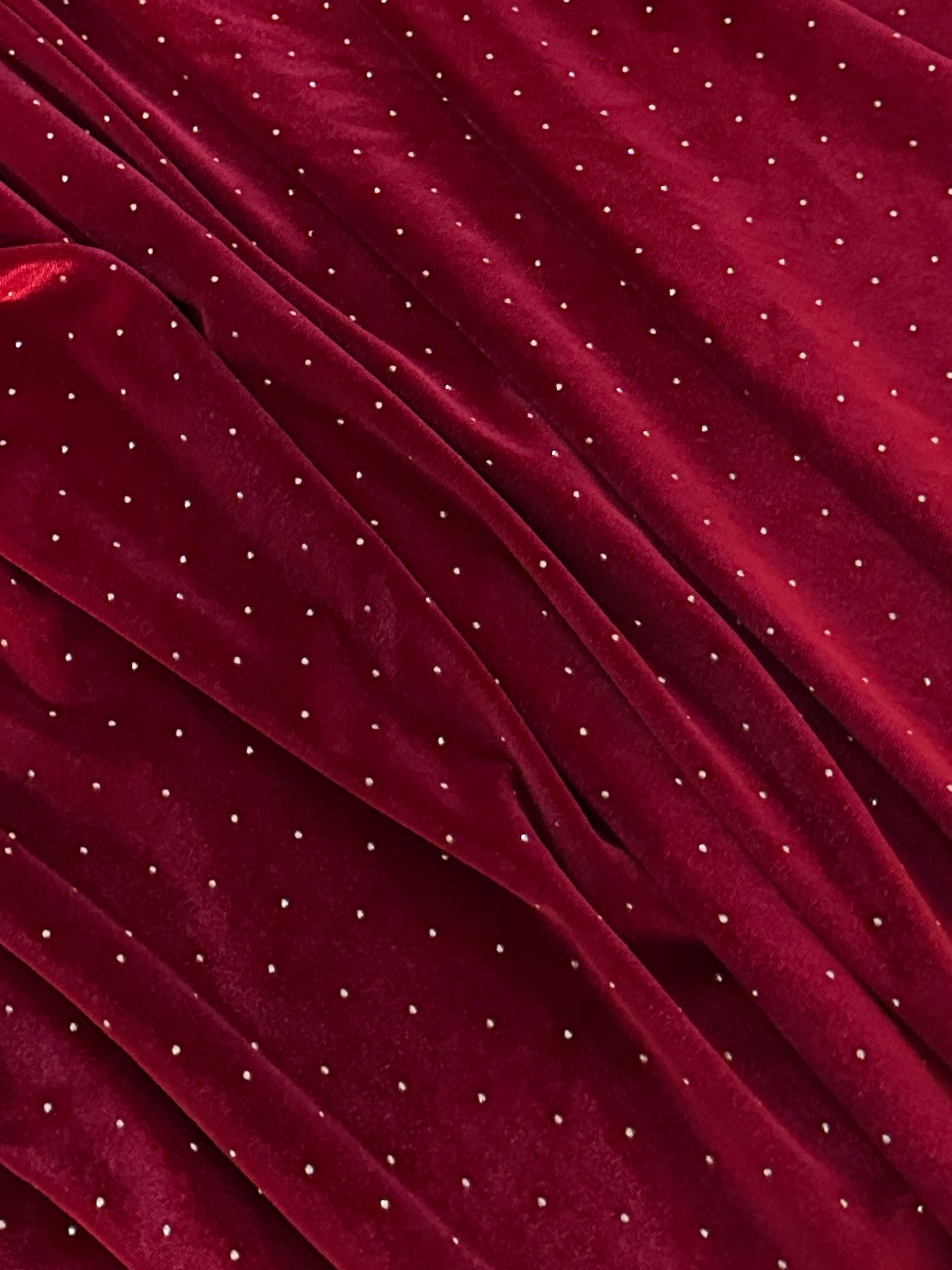 Red Sturdust Rhinestone Beaded Stretch Velvet, Rhinestone Velvet, Beaded Velvet, Stretch Velvet, Velvet Fabric, Rhinestone Fabric, Beaded Fabric, Embellished Velvet, Embellished Fabric, Crystal Velvet
