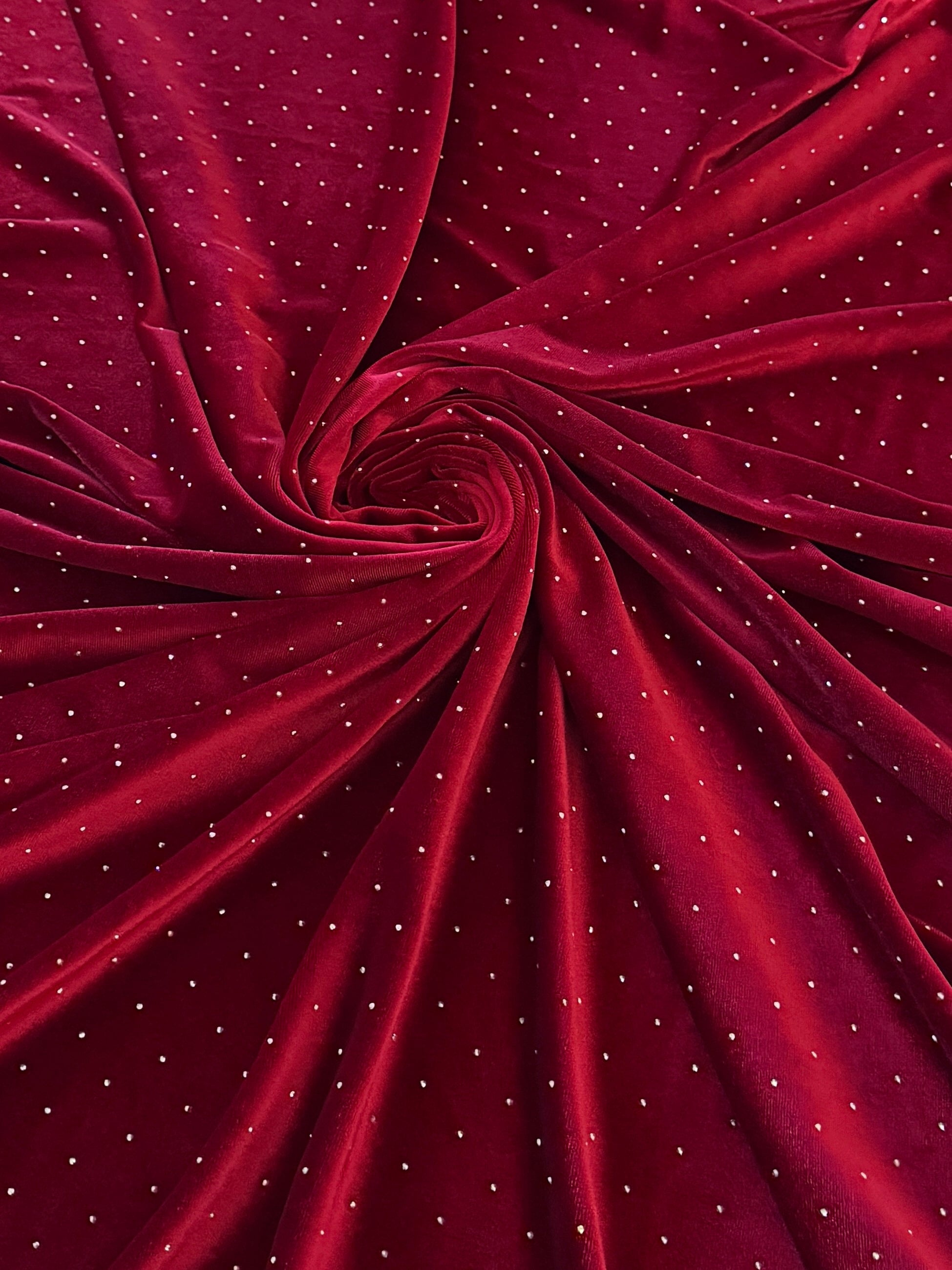 Red Sturdust Rhinestone Beaded Stretch Velvet, Rhinestone Velvet, Beaded Velvet, Stretch Velvet, Velvet Fabric, Rhinestone Fabric, Beaded Fabric, Embellished Velvet, Embellished Fabric, Crystal Velvet