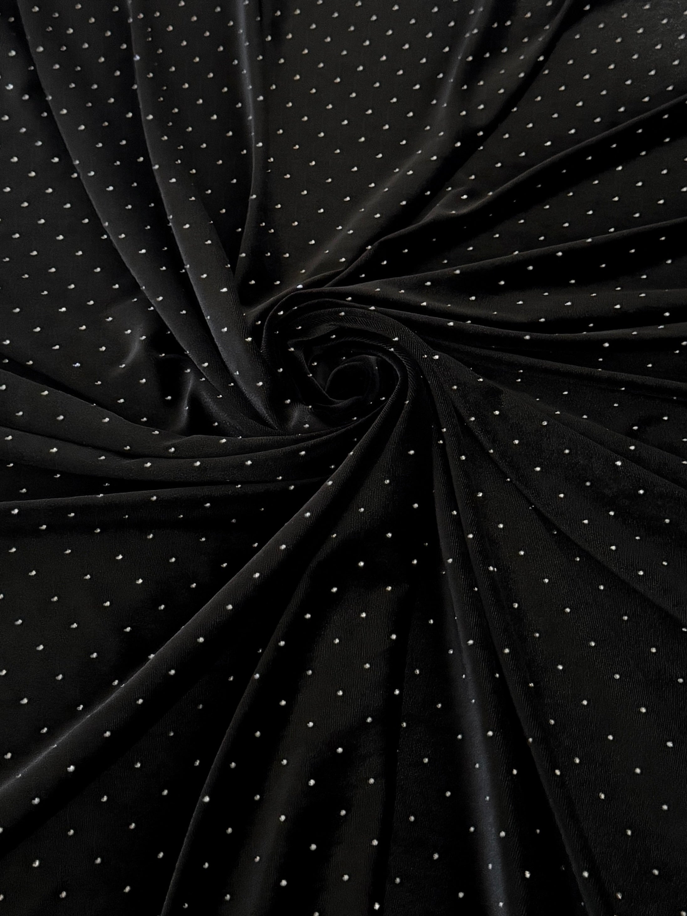 Black Sturdust Rhinestone Beaded Stretch Velvet, Rhinestone Velvet, Beaded Velvet, Stretch Velvet, Velvet Fabric, Rhinestone Fabric, Beaded Fabric, Embellished Velvet, Embellished Fabric, Crystal Velvet