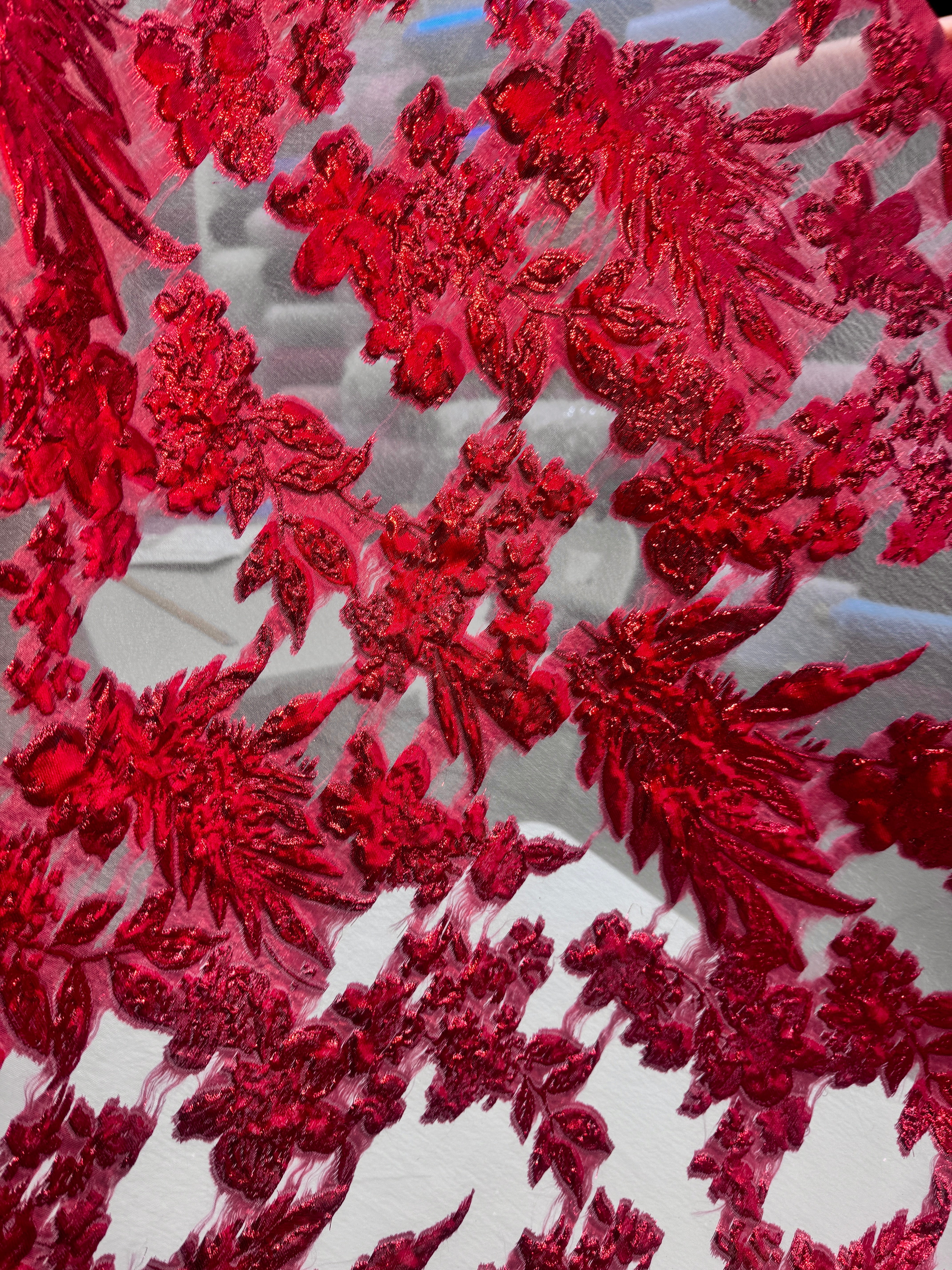 Red Organza Burnout Brocade, Red Organza, Red brocade for woman, shiny organza for bride, premium organza, organza in low price, organza for party wear, organza for gown