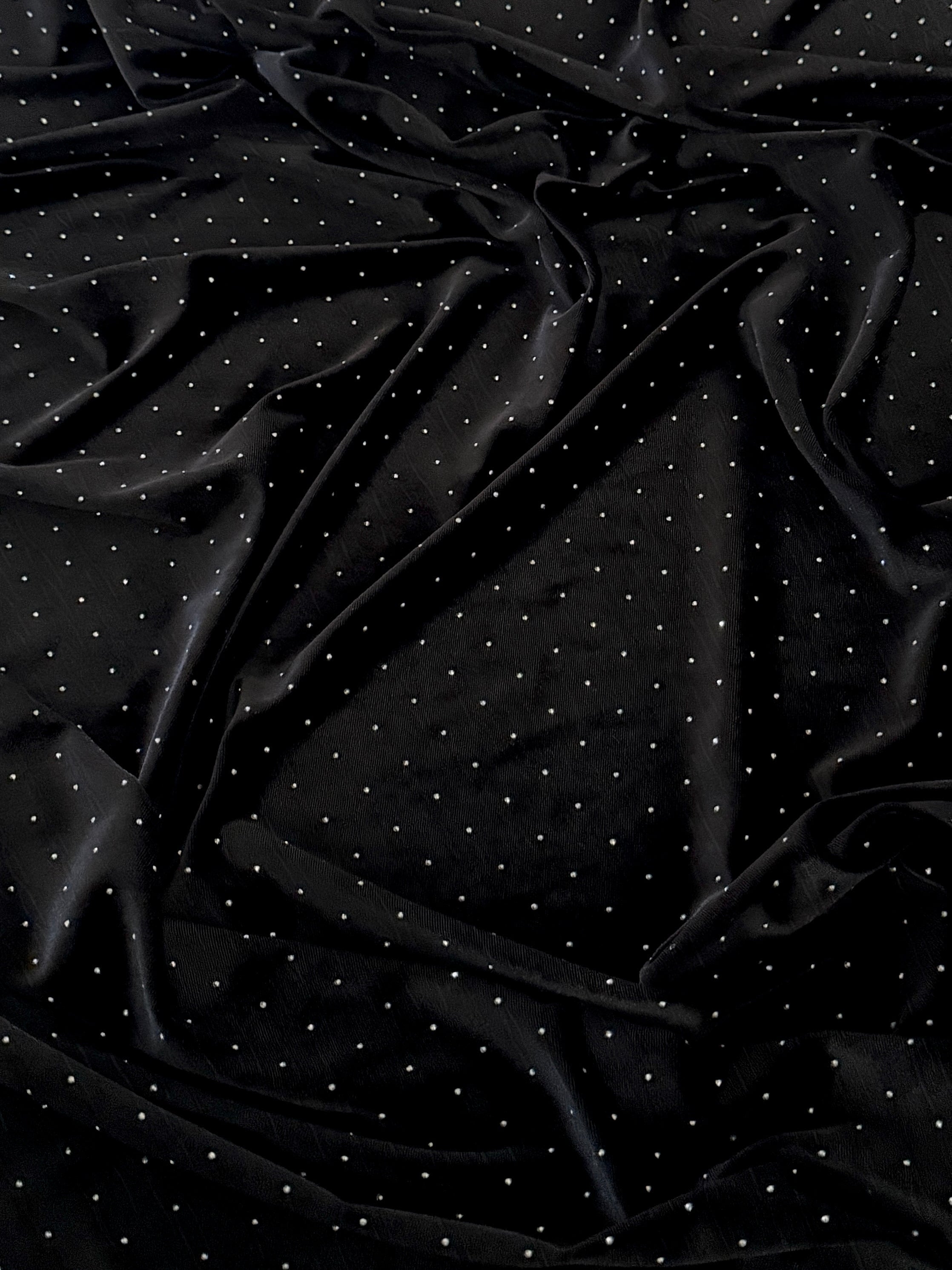 Black Sturdust Rhinestone Beaded Stretch Velvet, Rhinestone Velvet, Beaded Velvet, Stretch Velvet, Velvet Fabric, Rhinestone Fabric, Beaded Fabric, Embellished Velvet, Embellished Fabric, Crystal Velvet