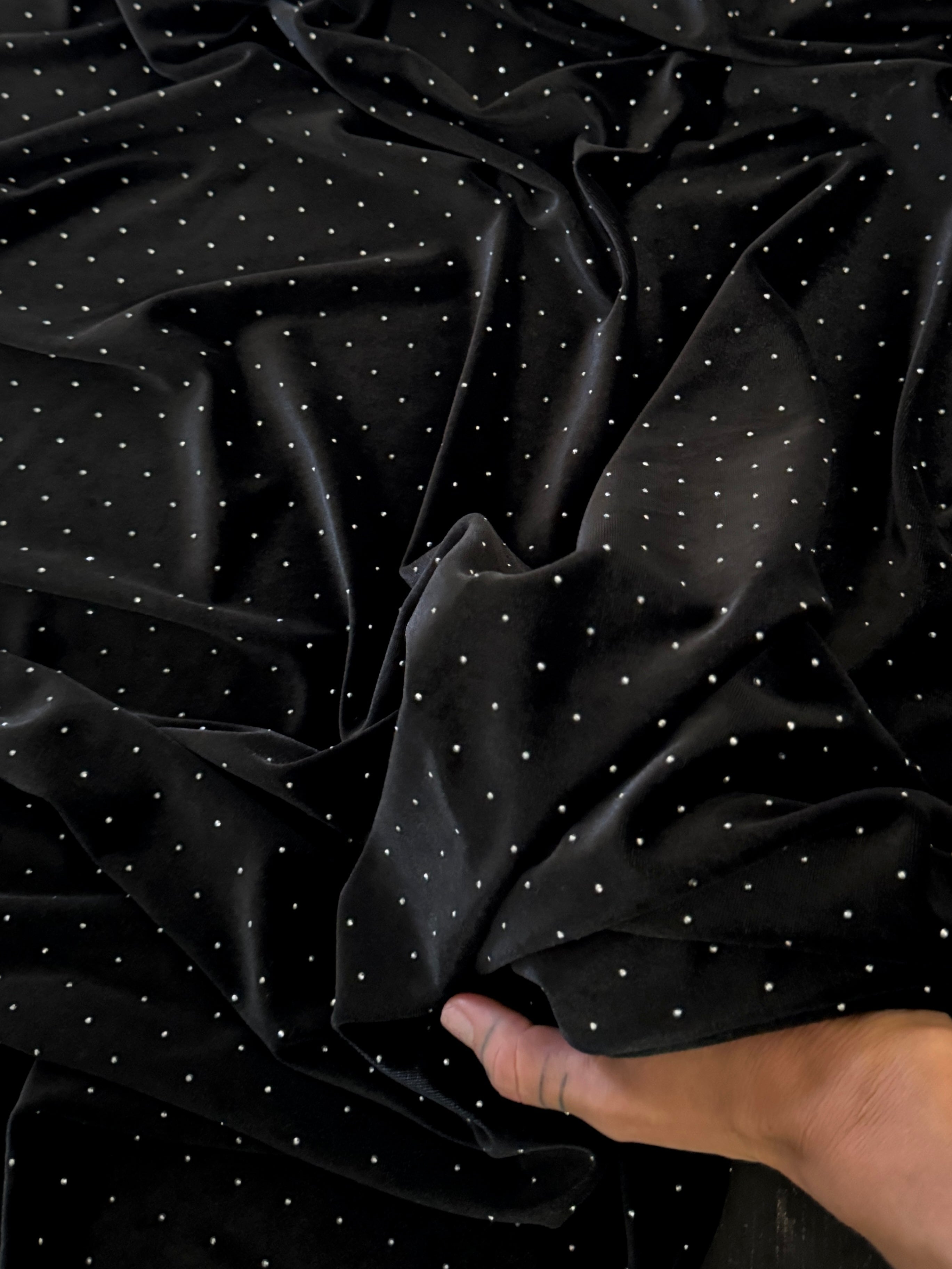 Black Sturdust Rhinestone Beaded Stretch Velvet, Fabric Store, Sewing Store, Cheap Fabric Store, Kiki Textiles, Textile by the Yard