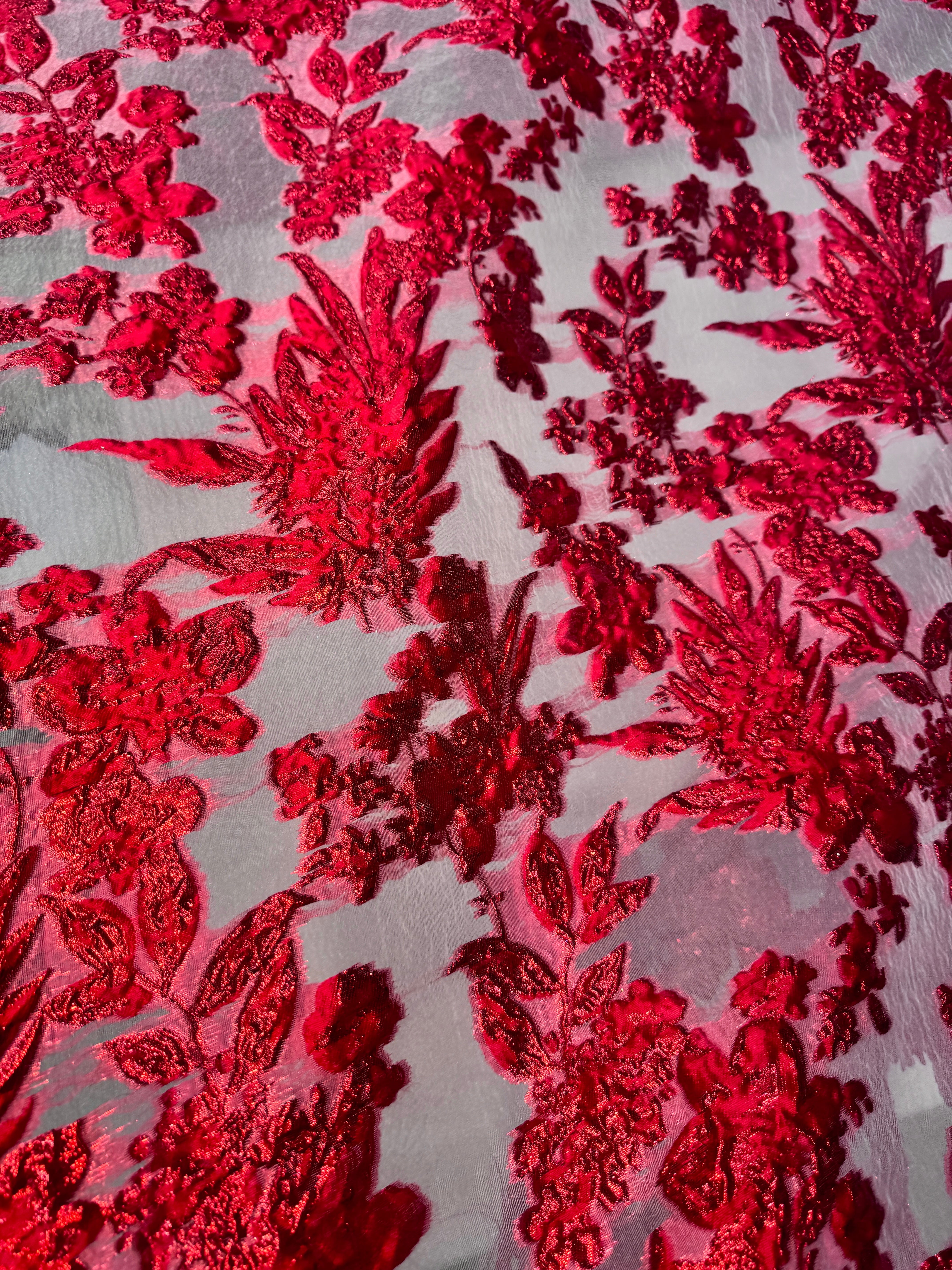 Red Organza Burnout Brocade, online textile store, sewing, fabric store, sewing store, cheap fabric store, kiki textiles