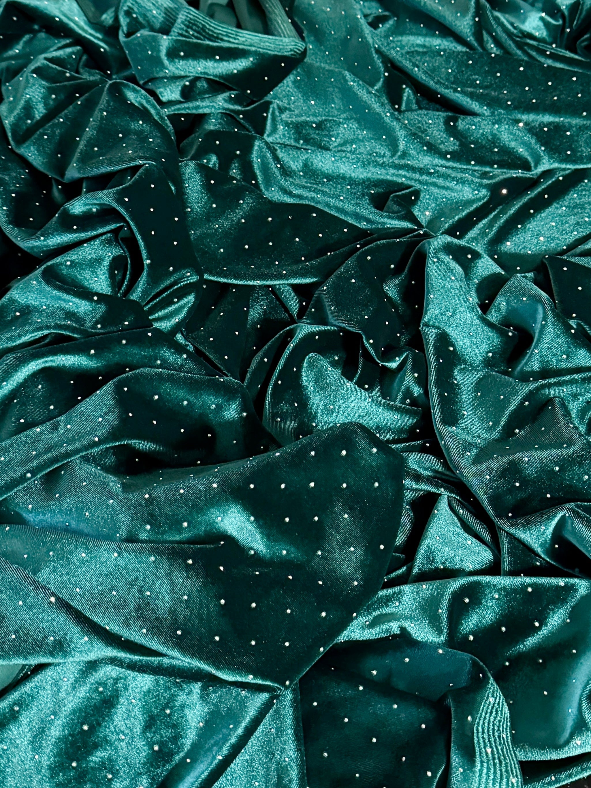Teal Green Sturdust Rhinestone Beaded Stretch Velvet, Rhinestone Velvet, Beaded Velvet, Stretch Velvet, Velvet Fabric, Rhinestone Fabric, Beaded Fabric, Embellished Velvet, Embellished Fabric, Crystal Velvet