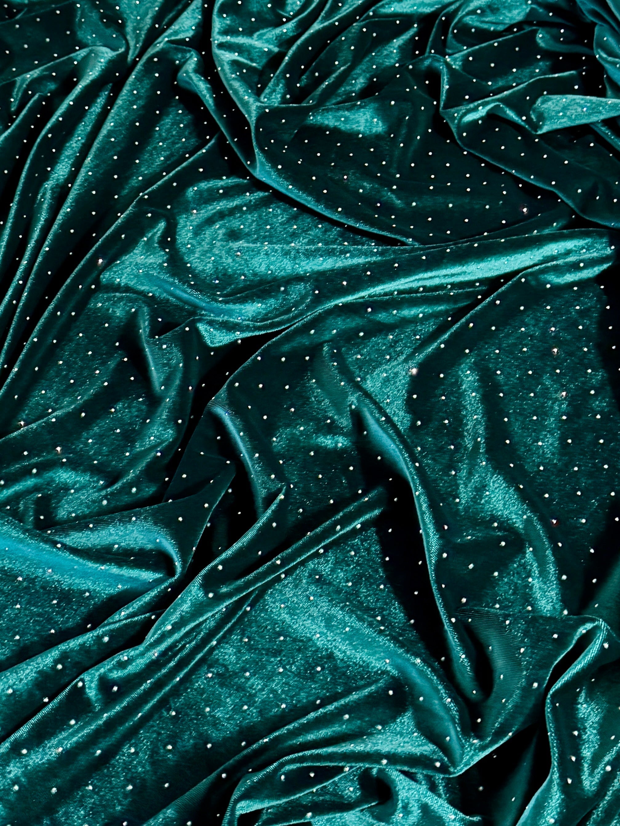 Teal Green Sturdust Rhinestone Beaded Stretch Velvet, Fabric Store, Sewing Store, Cheap Fabric Store, Kiki Textiles, Textile by the Yard