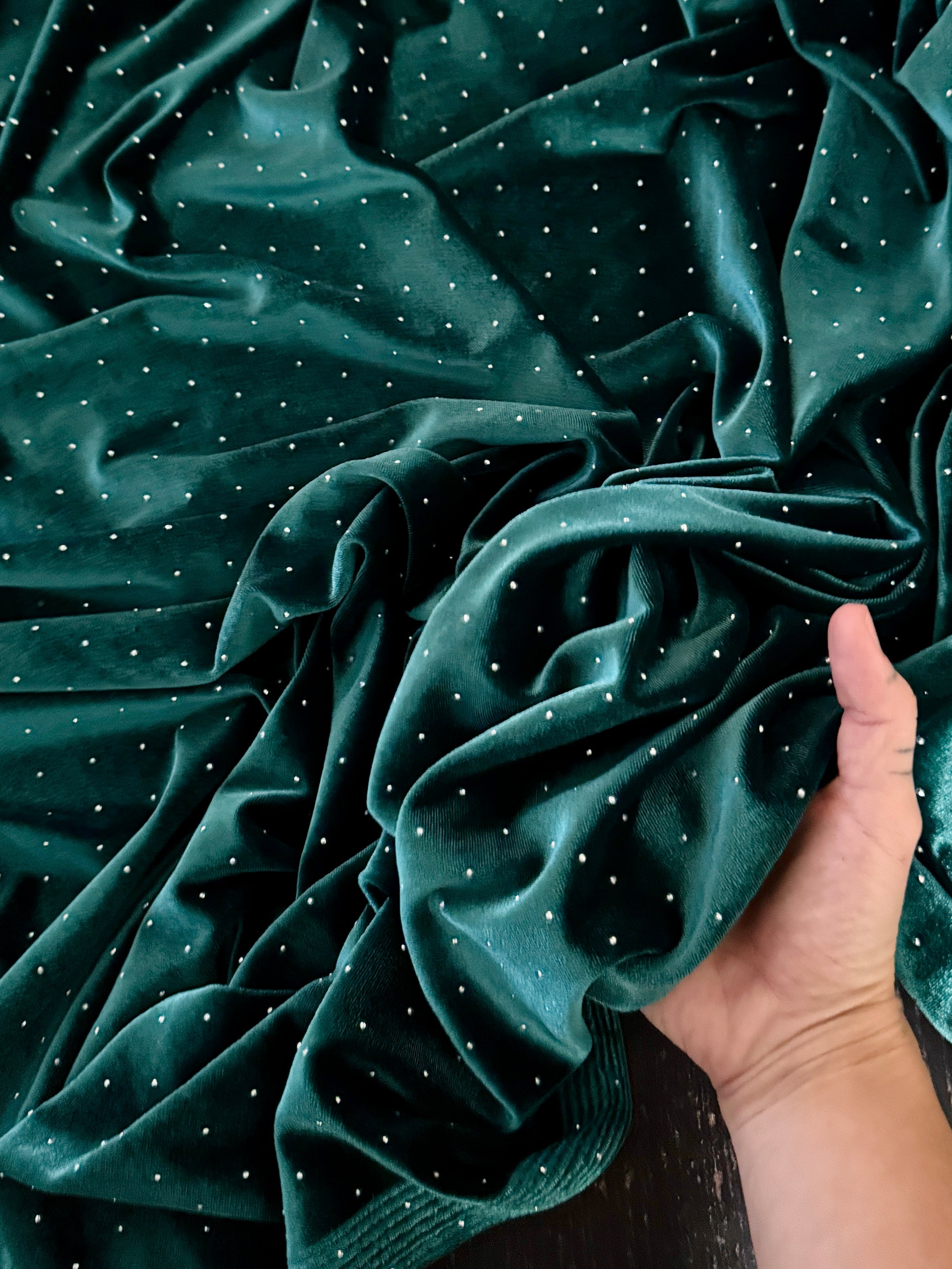 Teal Green Sturdust Rhinestone Beaded Stretch Velvet, Fabric Store, Sewing Store, Cheap Fabric Store, Kiki Textiles, Textile by the Yard