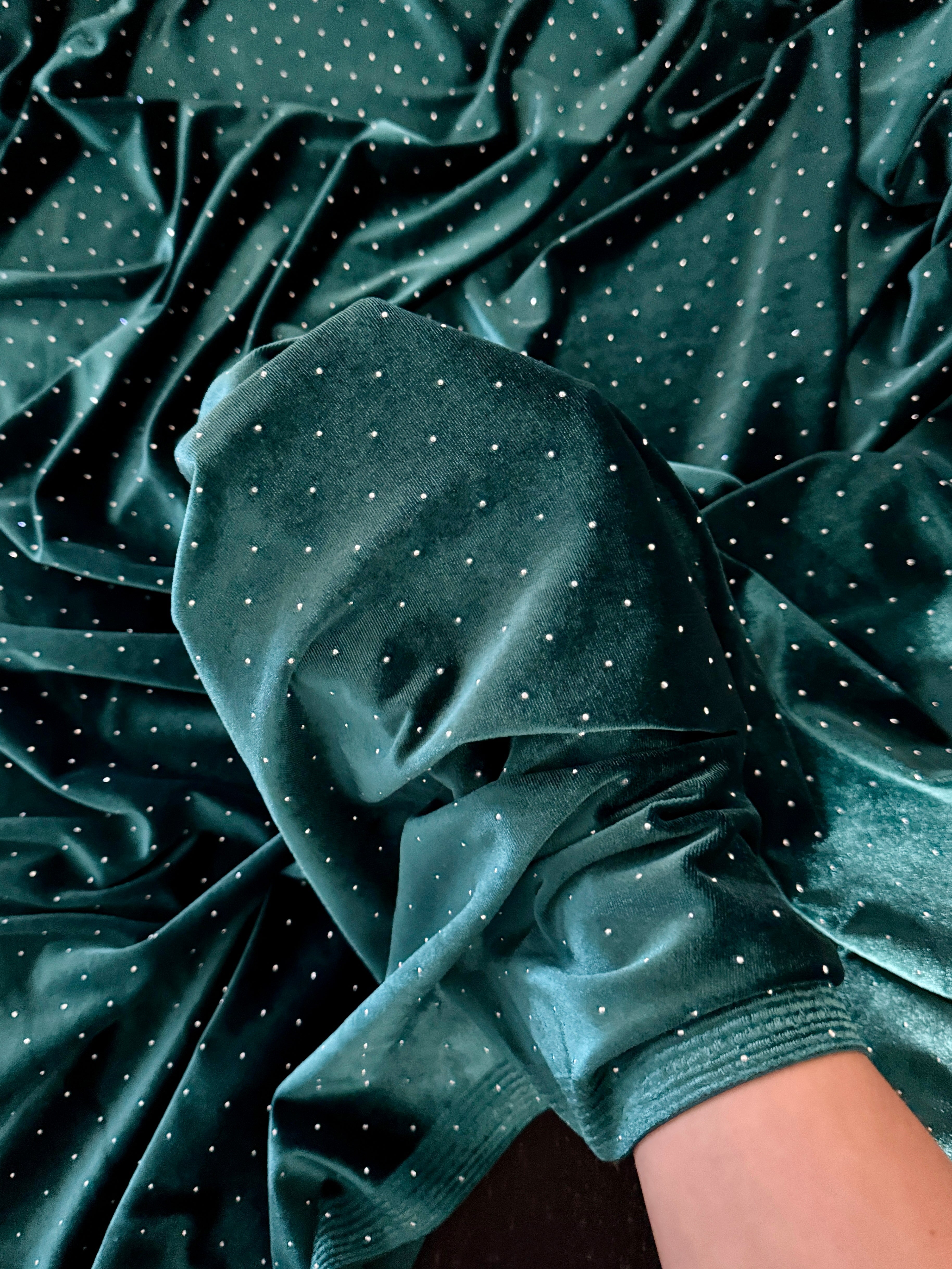 Teal Green Sturdust Rhinestone Beaded Stretch Velvet, Fabric Store, Sewing Store, Cheap Fabric Store, Kiki Textiles, Textile by the Yard