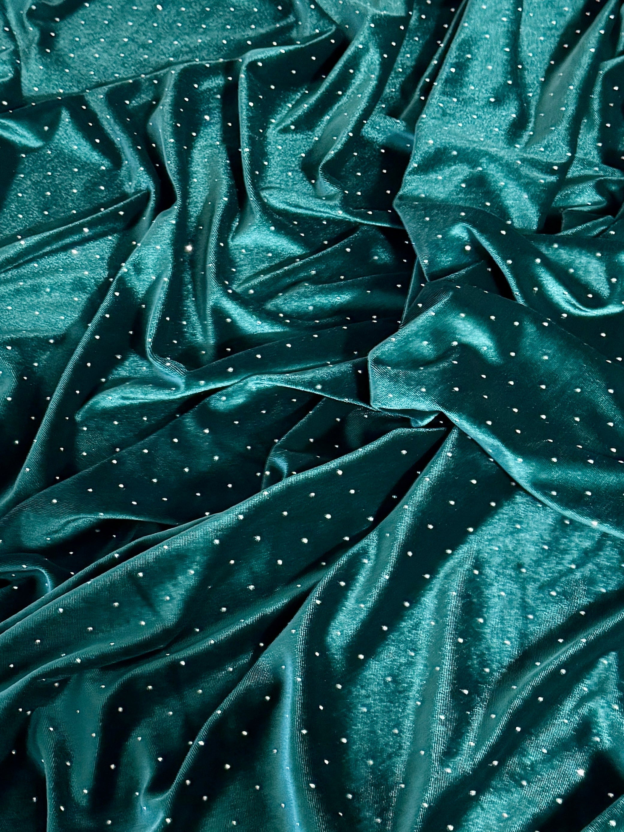 Teal Green Sturdust Rhinestone Beaded Stretch Velvet, Fabric Store, Sewing Store, Cheap Fabric Store, Kiki Textiles, Textile by the Yard
