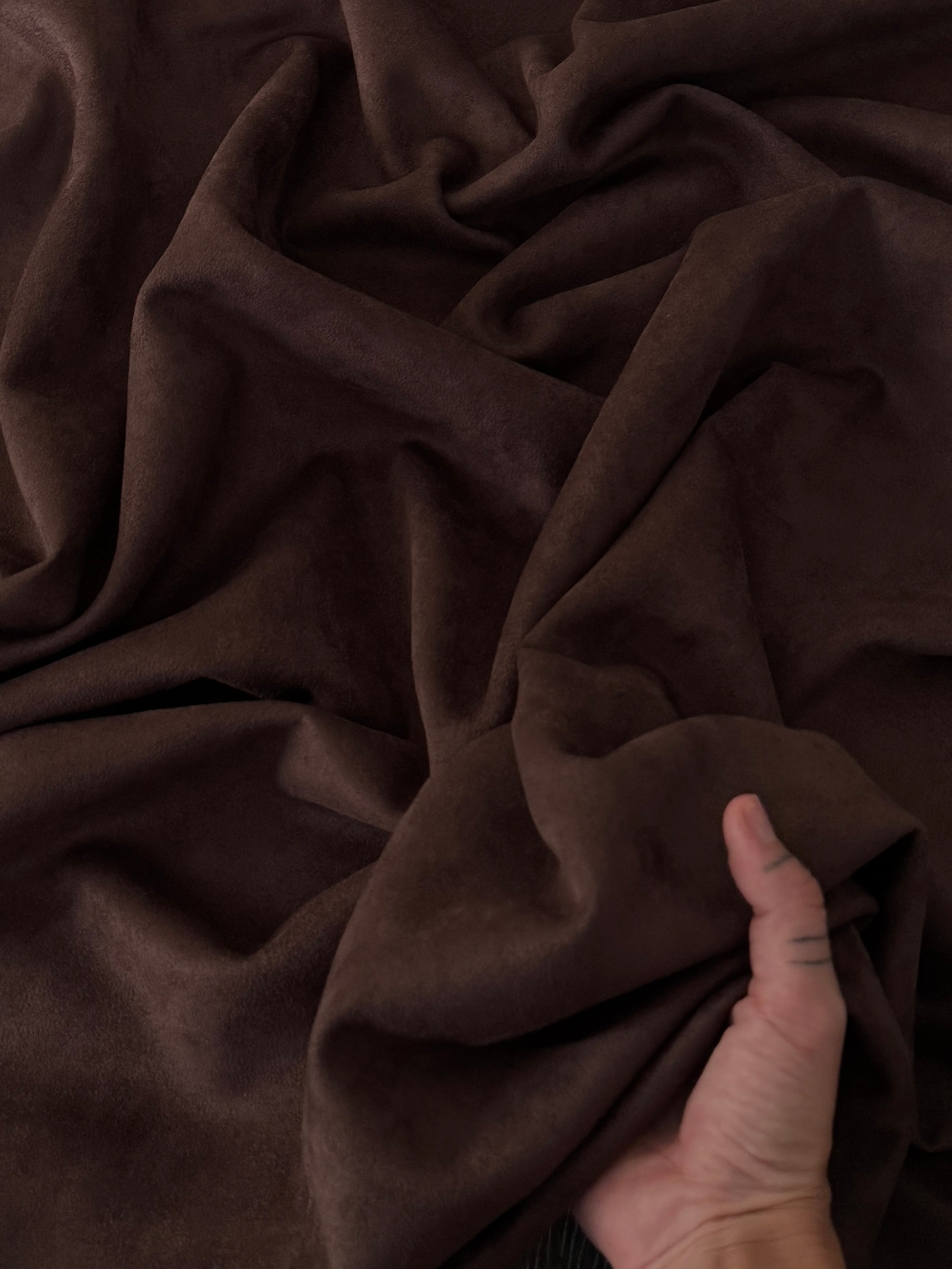 Brown Chocolate Stretch Apparel Techno Suede, Fabric Store, Sewing Store, Cheap Fabric Store, Kiki Textiles, Textile by the Yard
