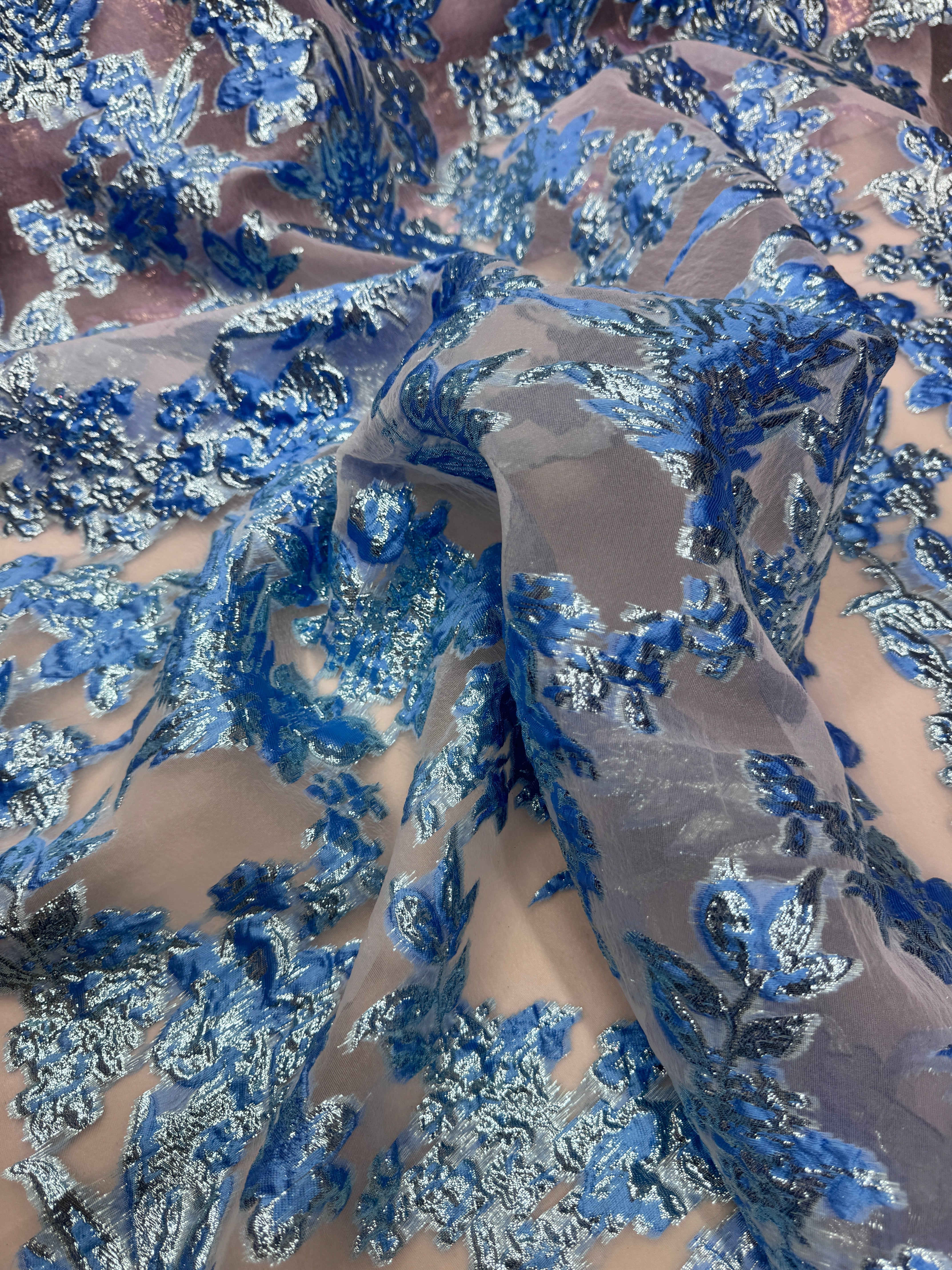 Baby Blue Organza Burnout Brocade, Baby Blue Organza, Blue brocade for woman, shiny organza for bride, premium organza, organza in low price, organza for party wear, organza for gown