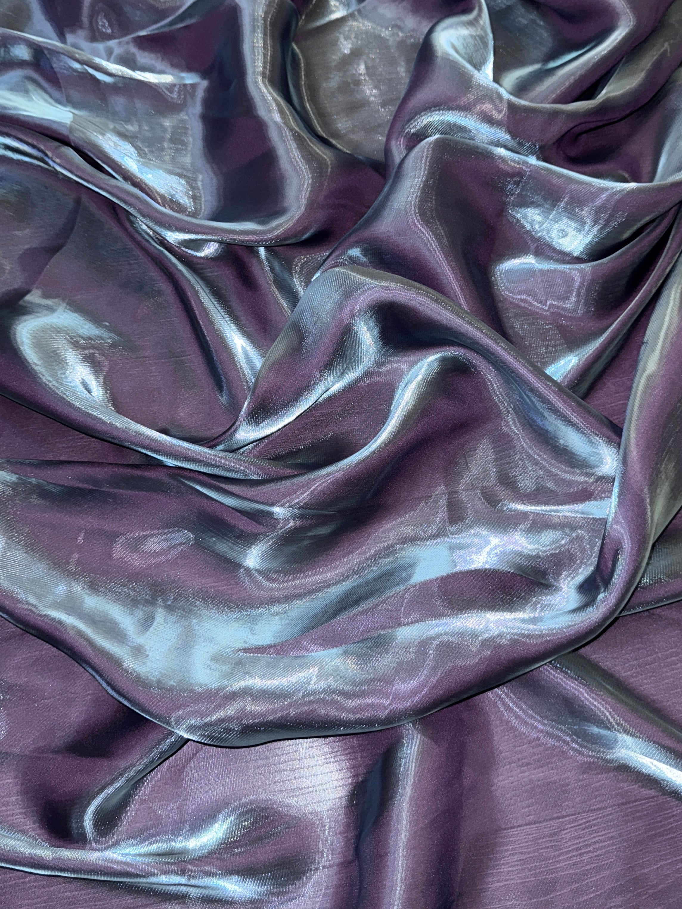Plum Iridescent Water Liquid Shimmery Chiffon, Premium Glittery Chiffon, Wet Chiffon, Shimmery Chiffon, Fancy fabric, Luxurious liquid fabric, Chiffon for women
