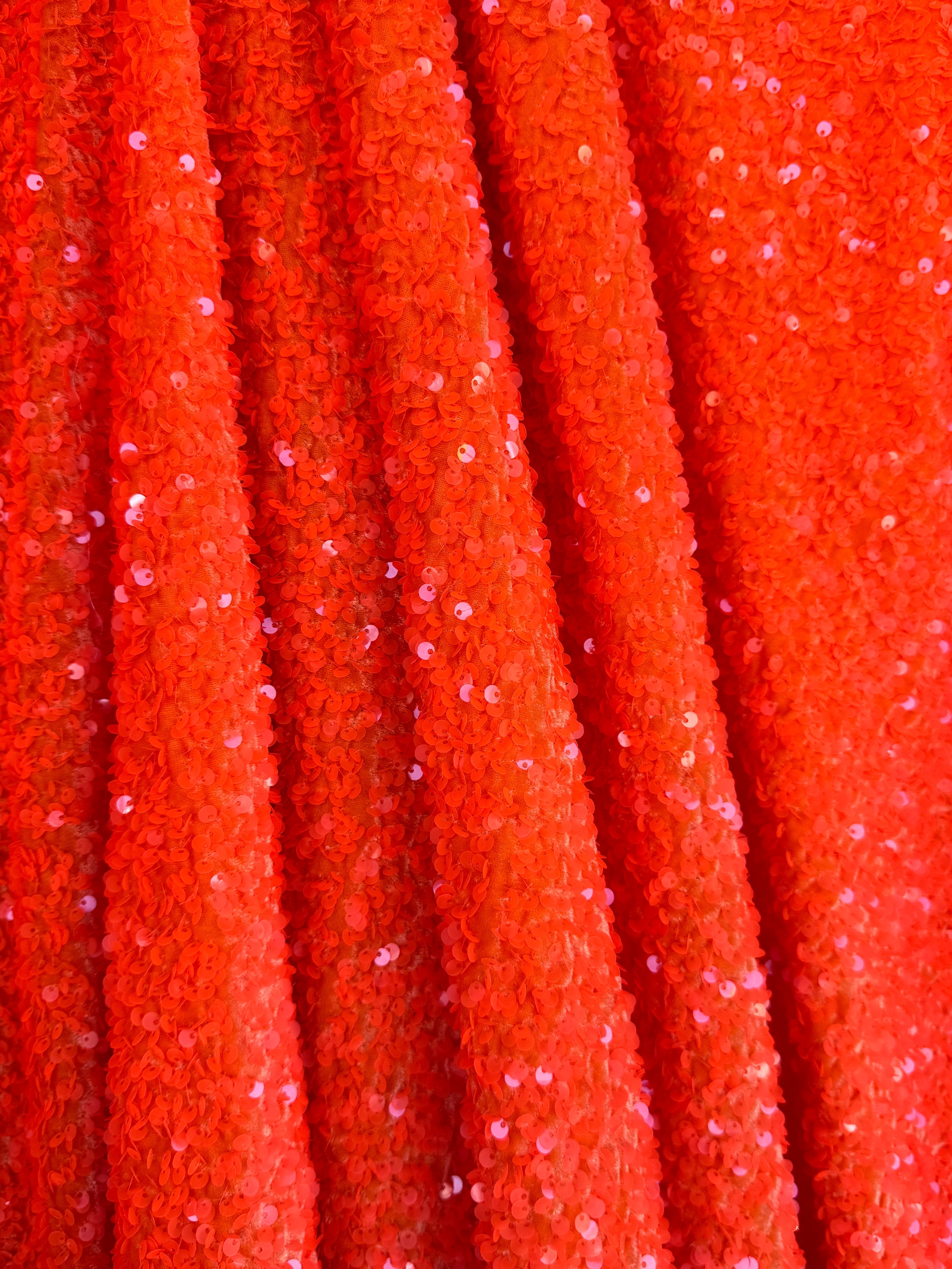 Neon Orange Sequin on Velvet, Orange Sequin on velvet, Stretch Sequin Mesh, Stretch Sequin velvet for woman,  Stretch Sequin velvet for bride, Stretch Sequin velvet on sale, Stretch Sequin velvet on discount, Stretch Sequin velvet online