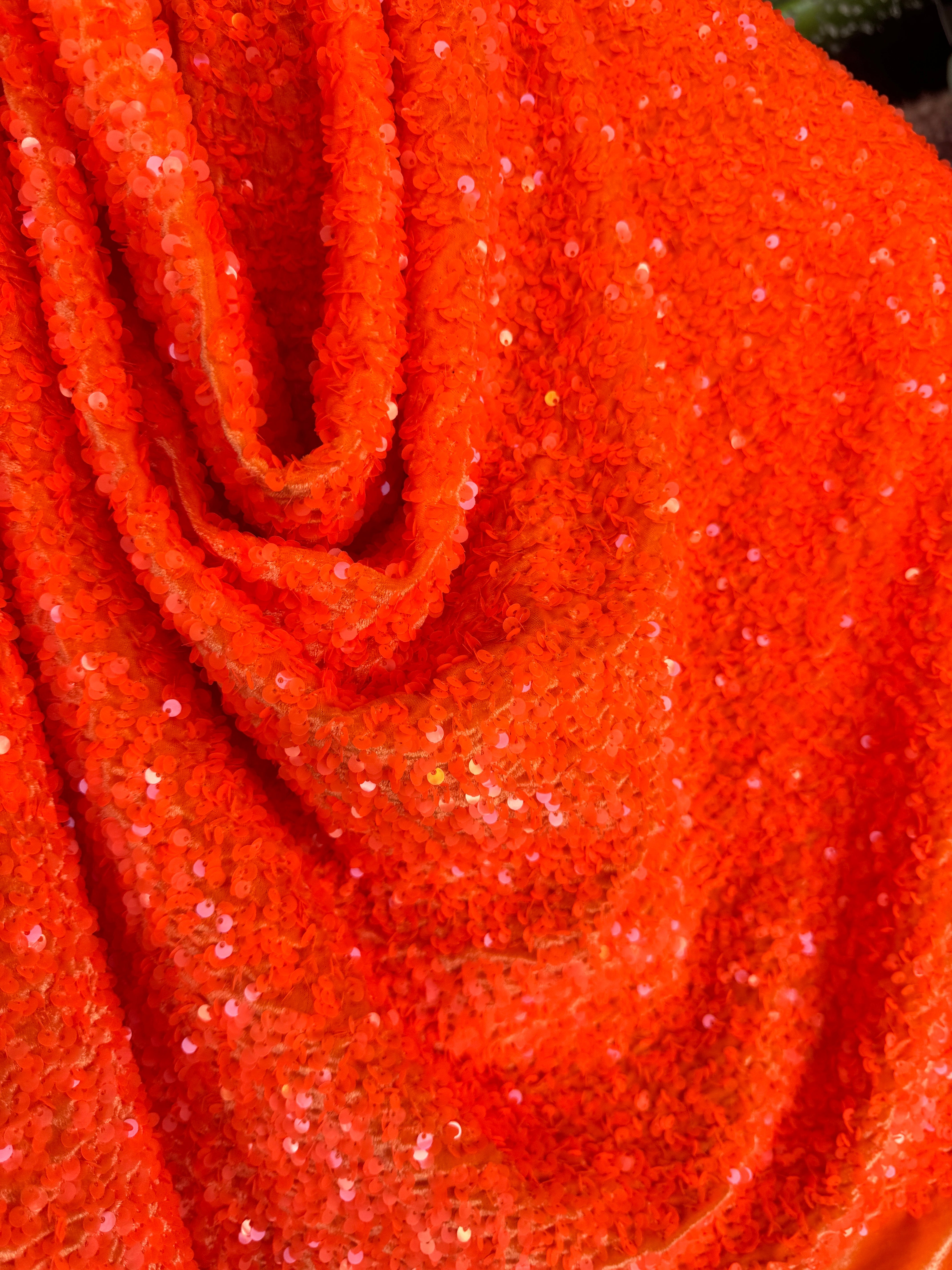 Neon Orange Sequin on Velvet, online textile store, sewing, fabric store, sewing store, cheap fabric store, kiki textiles