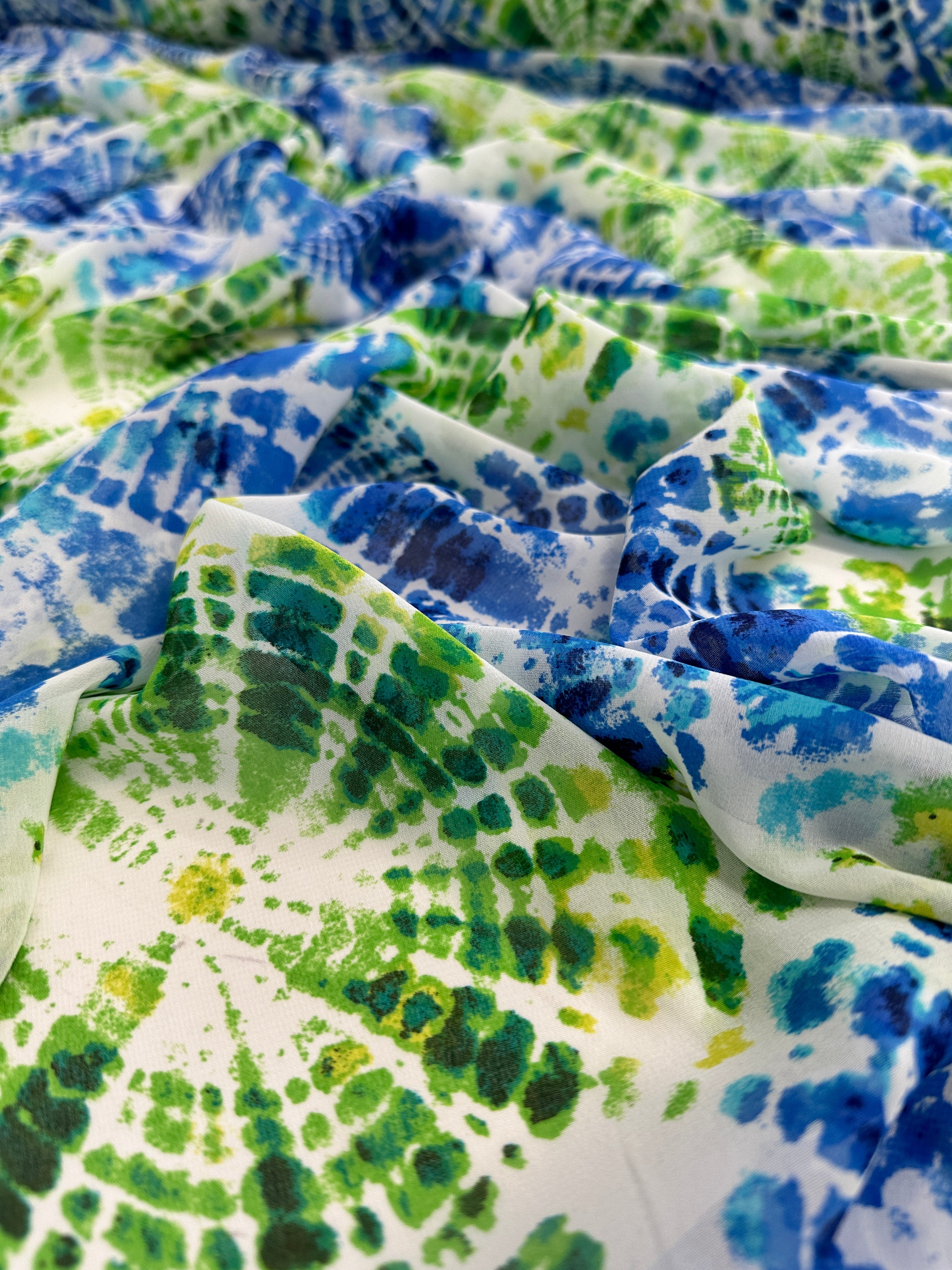 Tie Dye Blue Green Hi Multi Chiffon, Blue Green chiffon, Blue Green organza, crystal chiffon, Crystal chiffon for woman, chiffon for bride, premium chiffon, chiffon in low price, chiffon for party wear, chiffon for gown