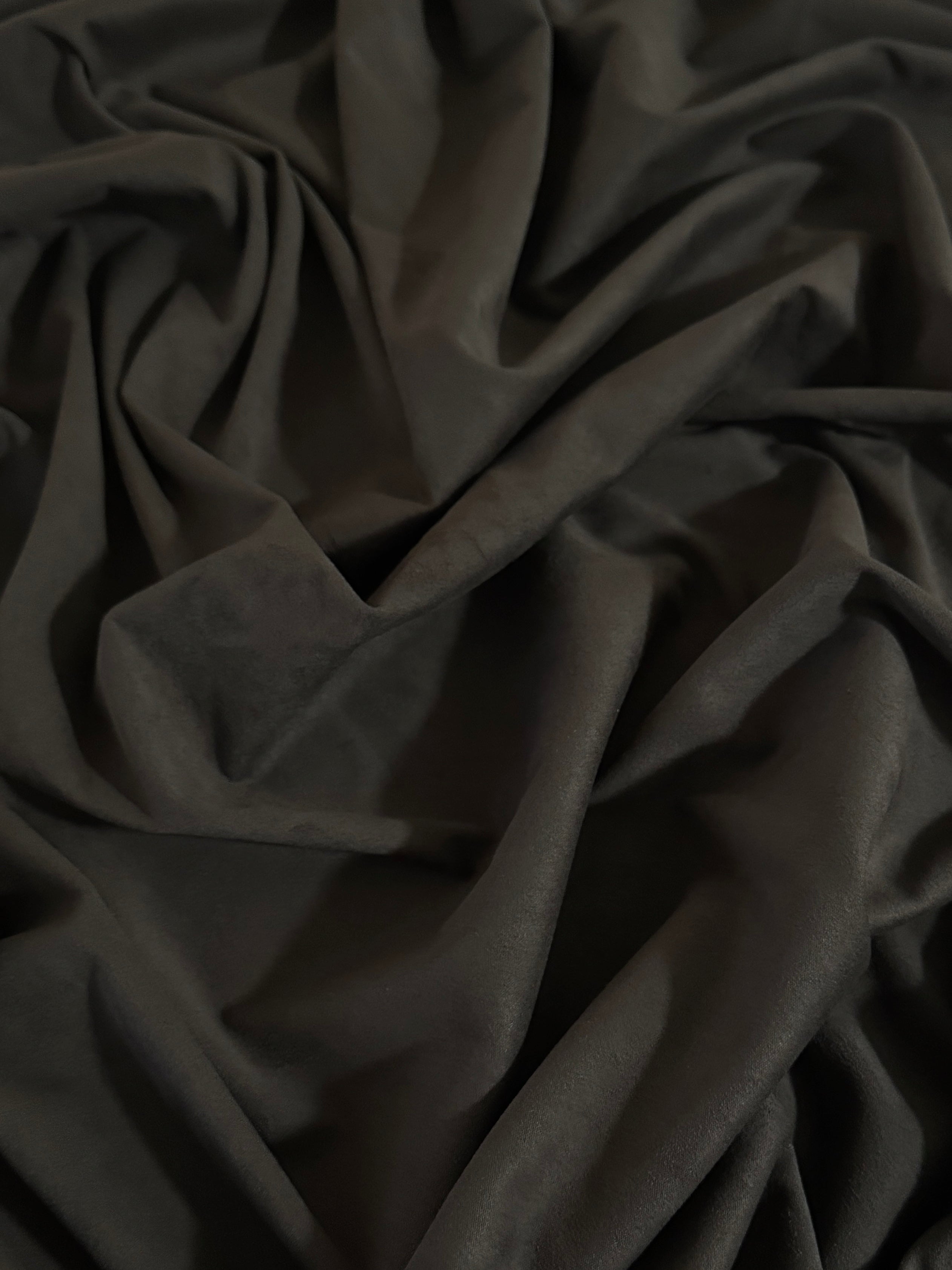 Charcoal 4 Way Stretch Buttery Soft Techno Suede, stretch techno suede, buttery soft suede, 4 way stretch, stretch suede fabric, faux suede fabric, soft suede fabric, elastic suede fabric, spandex suede fabric