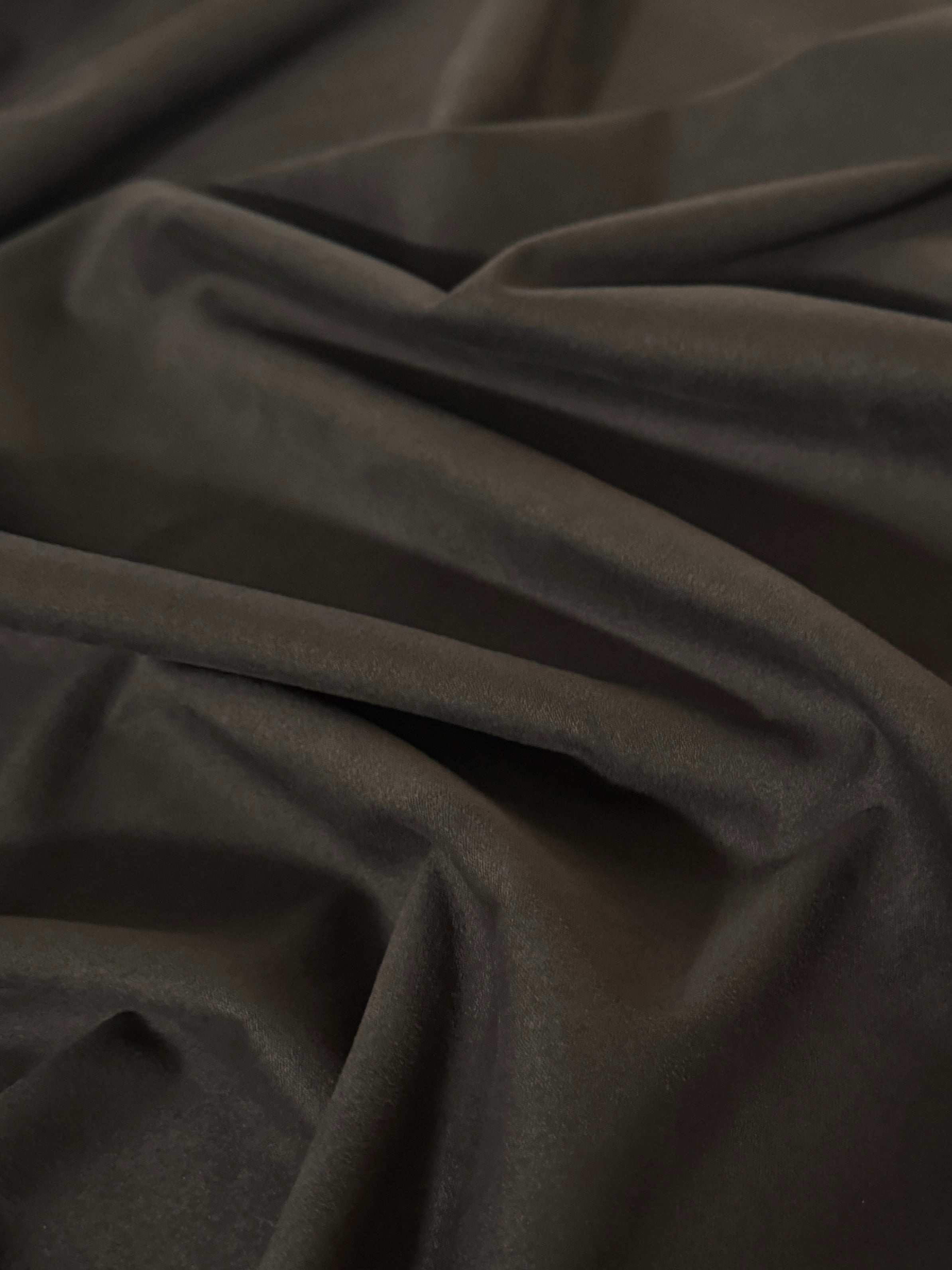 Charcoal 4 Way Stretch Buttery Soft Techno Suede, stretch techno suede, buttery soft suede, 4 way stretch, stretch suede fabric, faux suede fabric, soft suede fabric, elastic suede fabric, spandex suede fabric
