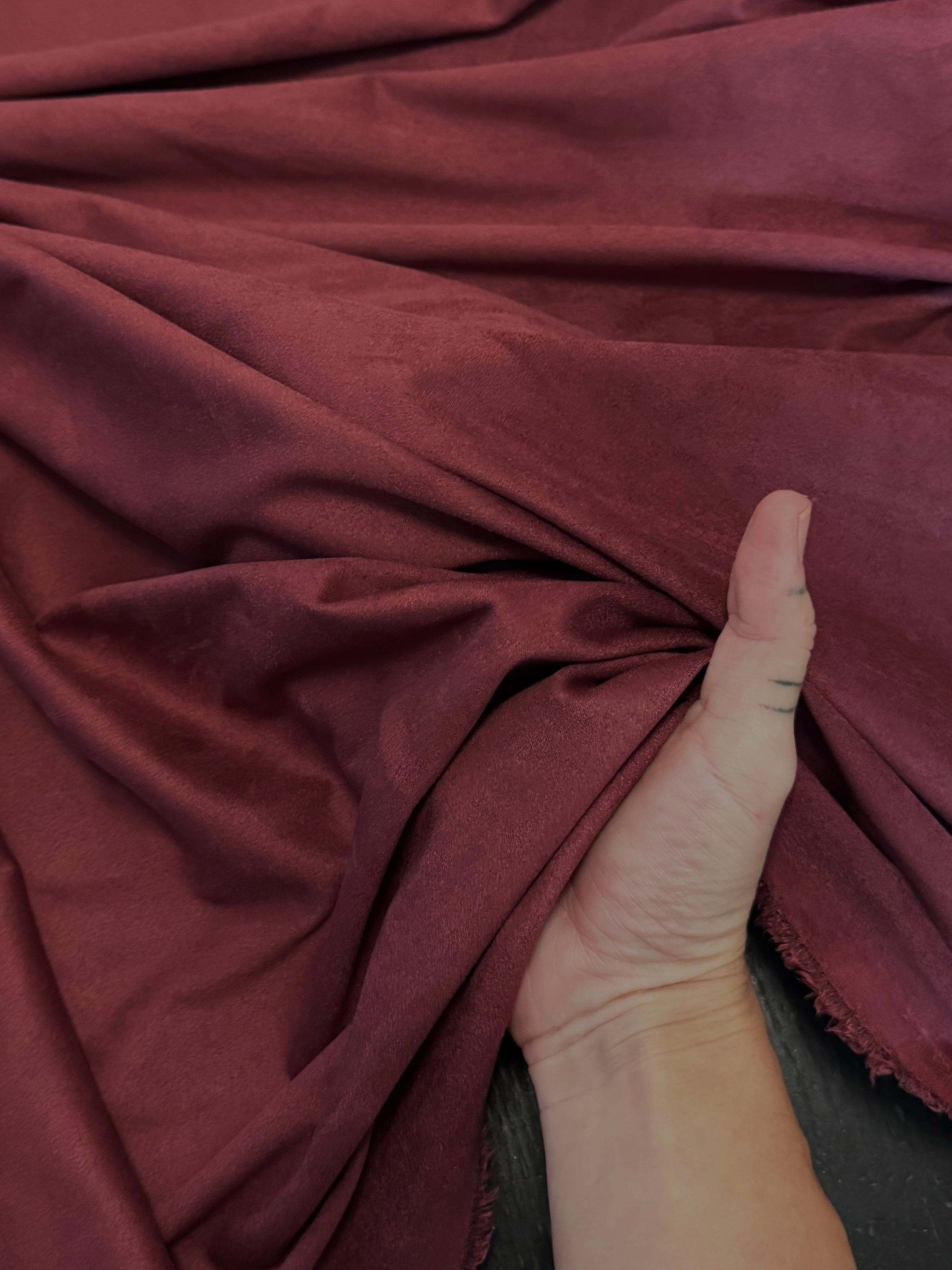 Burgundy 4 Way Stretch Buttery Soft Techno Suede, stretch techno suede, buttery soft suede, 4 way stretch, stretch suede fabric, faux suede fabric, soft suede fabric, elastic suede fabric, spandex suede fabric