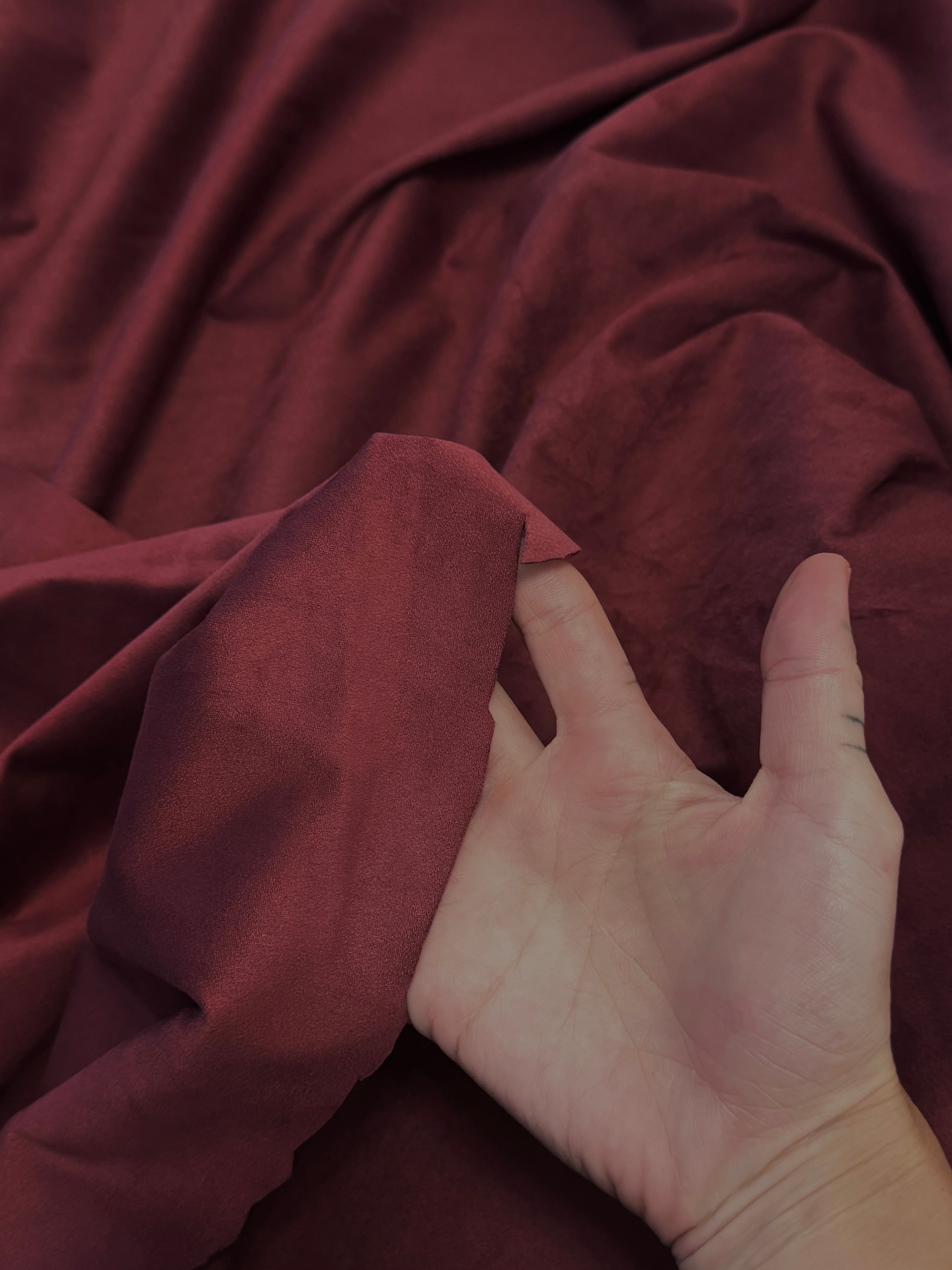 Burgundy 4 Way Stretch Buttery Soft Techno Suede, Fabric Store, Sewing Store, Cheap Fabric Store, Kiki Textiles, Textile by the Yard