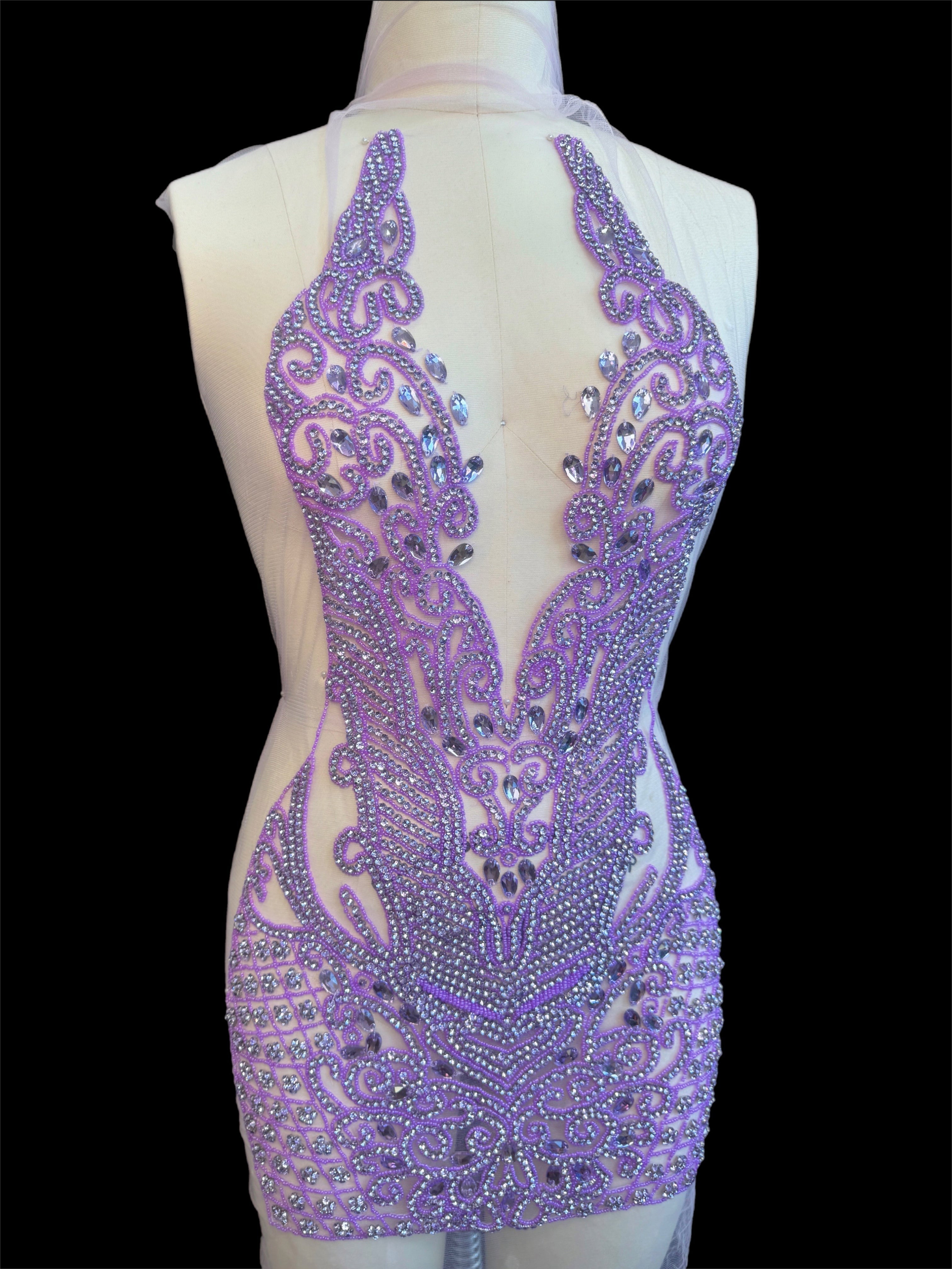 Brenda Lavender Rhinestones Bodice Applique, purple rhinestone, light purple rhinestone, dark purple rhinestone  