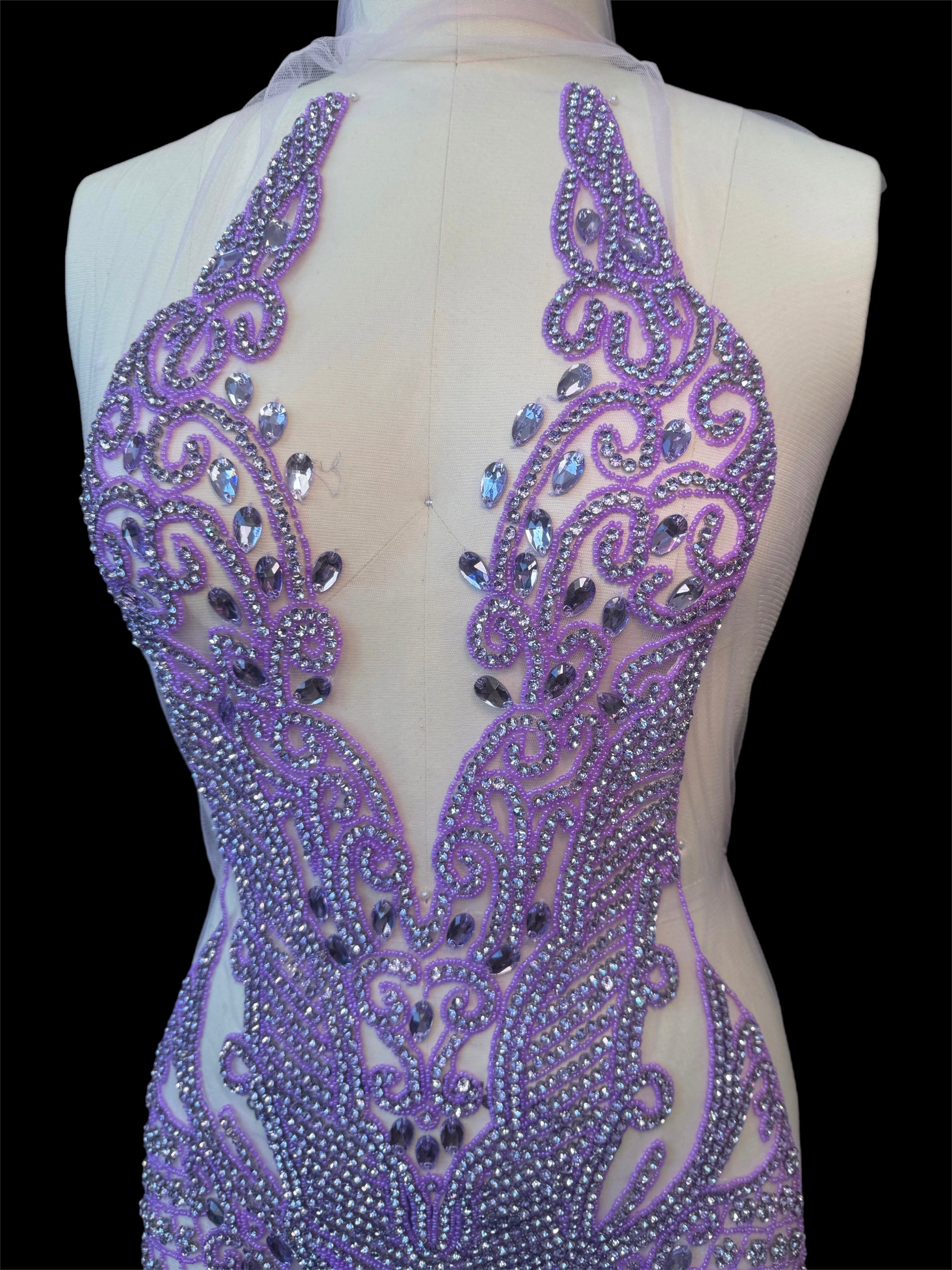 Brenda Lavender Rhinestones Bodice Applique, purple rhinestone, light purple rhinestone, dark purple rhinestone  