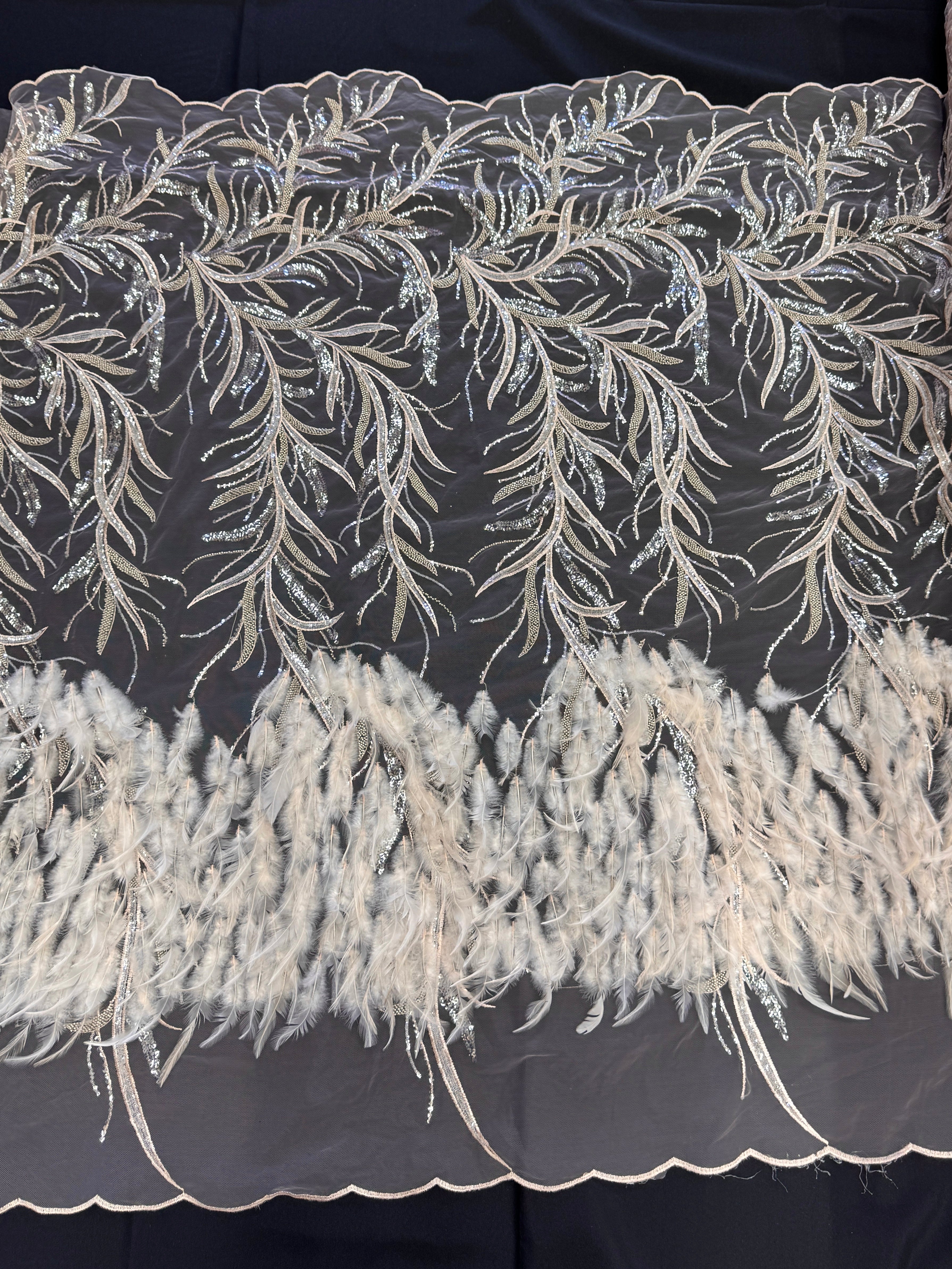 Pale Blush Feather Sequin Embroidered Scalloped Lace, Embroidered Lace Fabric, Sequin Embroidered Lace, Embellished Lace Fabric, Luxury Lace Fabric, Fancy Lace Fabric