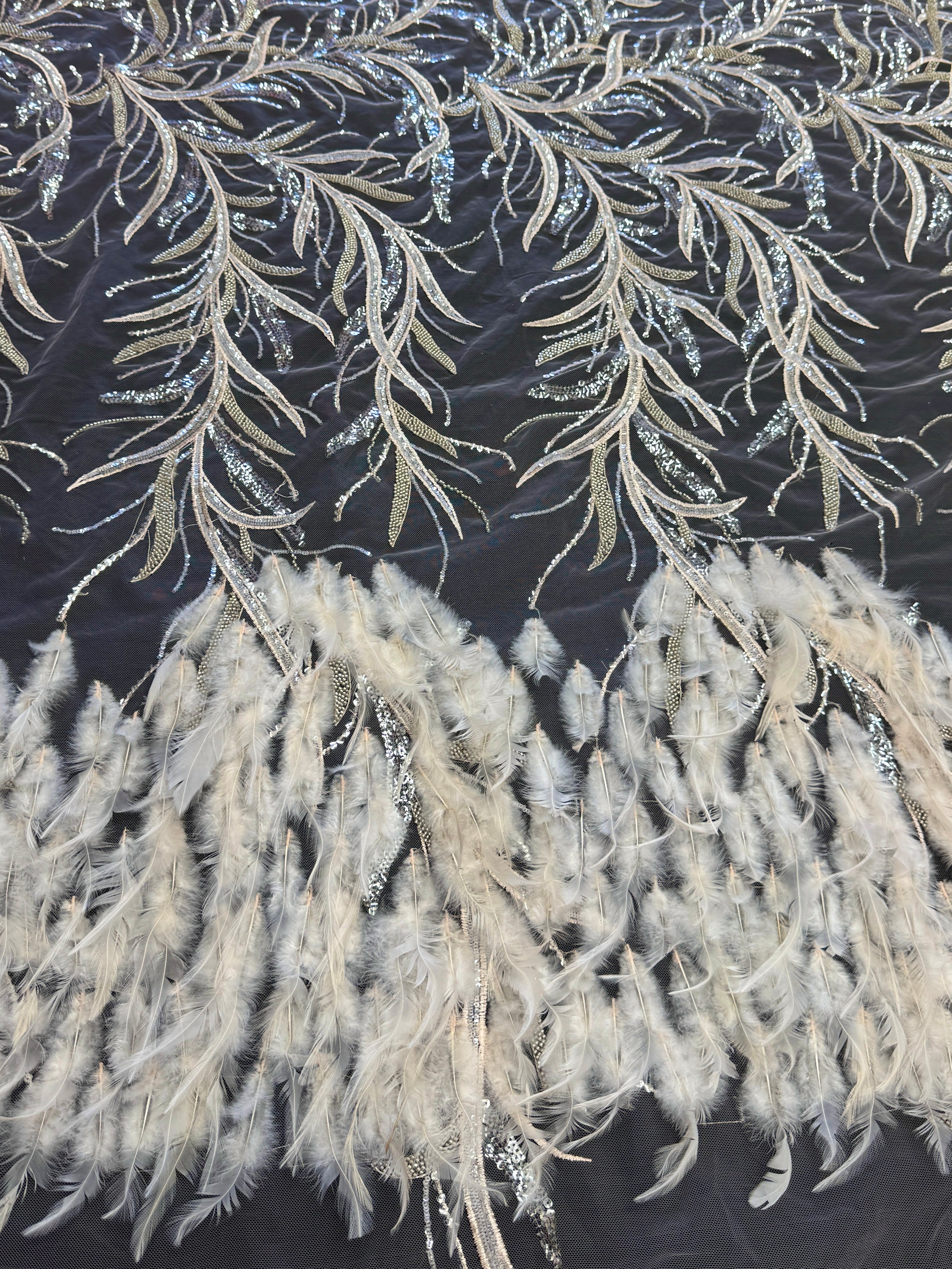 Pale Blush Feather Sequin Embroidered Scalloped Lace, Fabric Store, Sewing Store, Cheap Fabric Store, Kiki Textiles, Textile by the Yard