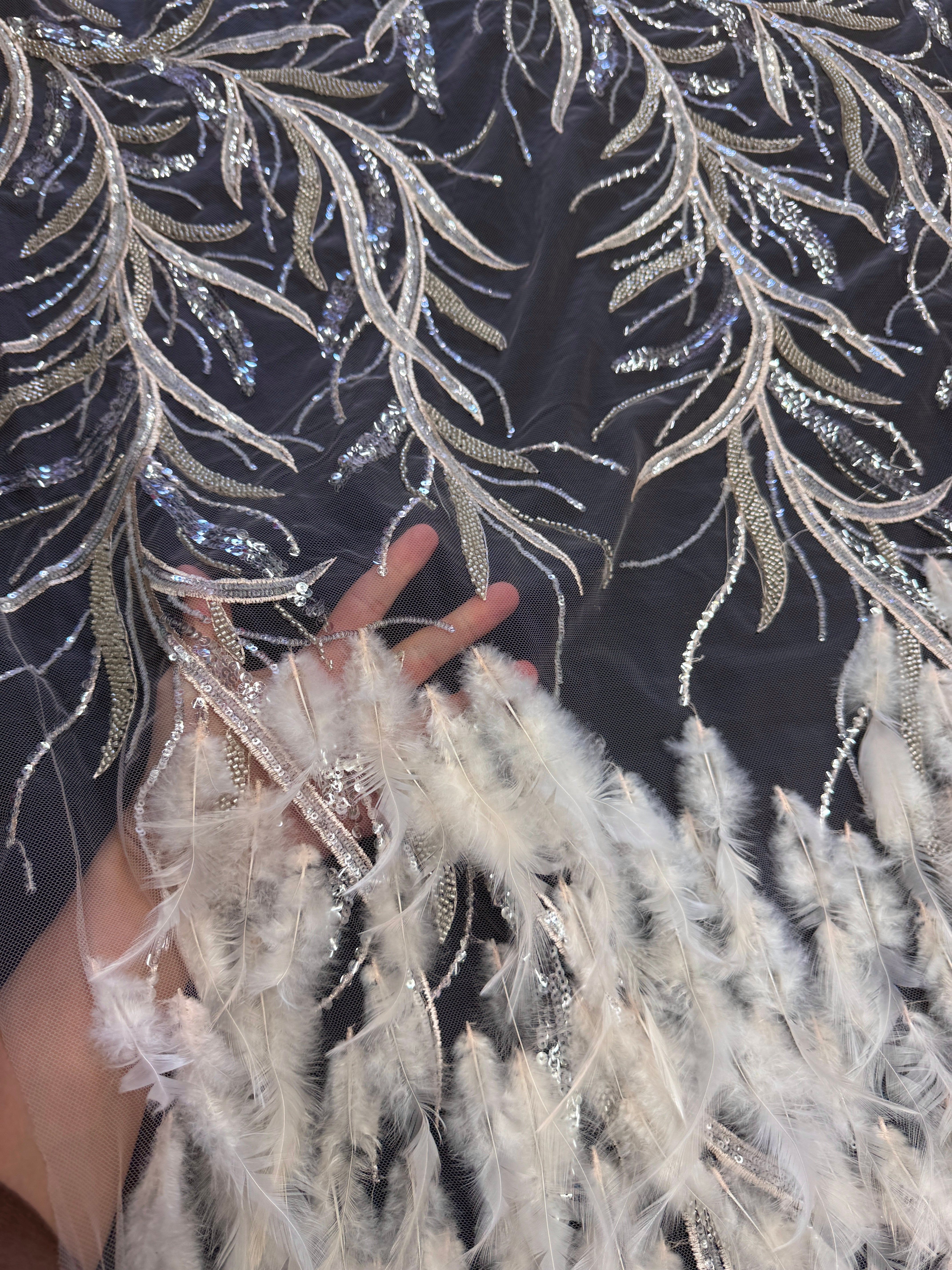 Pale Blush Feather Sequin Embroidered Scalloped Lace, Embroidered Lace Fabric, Sequin Embroidered Lace, Embellished Lace Fabric, Luxury Lace Fabric, Fancy Lace Fabric