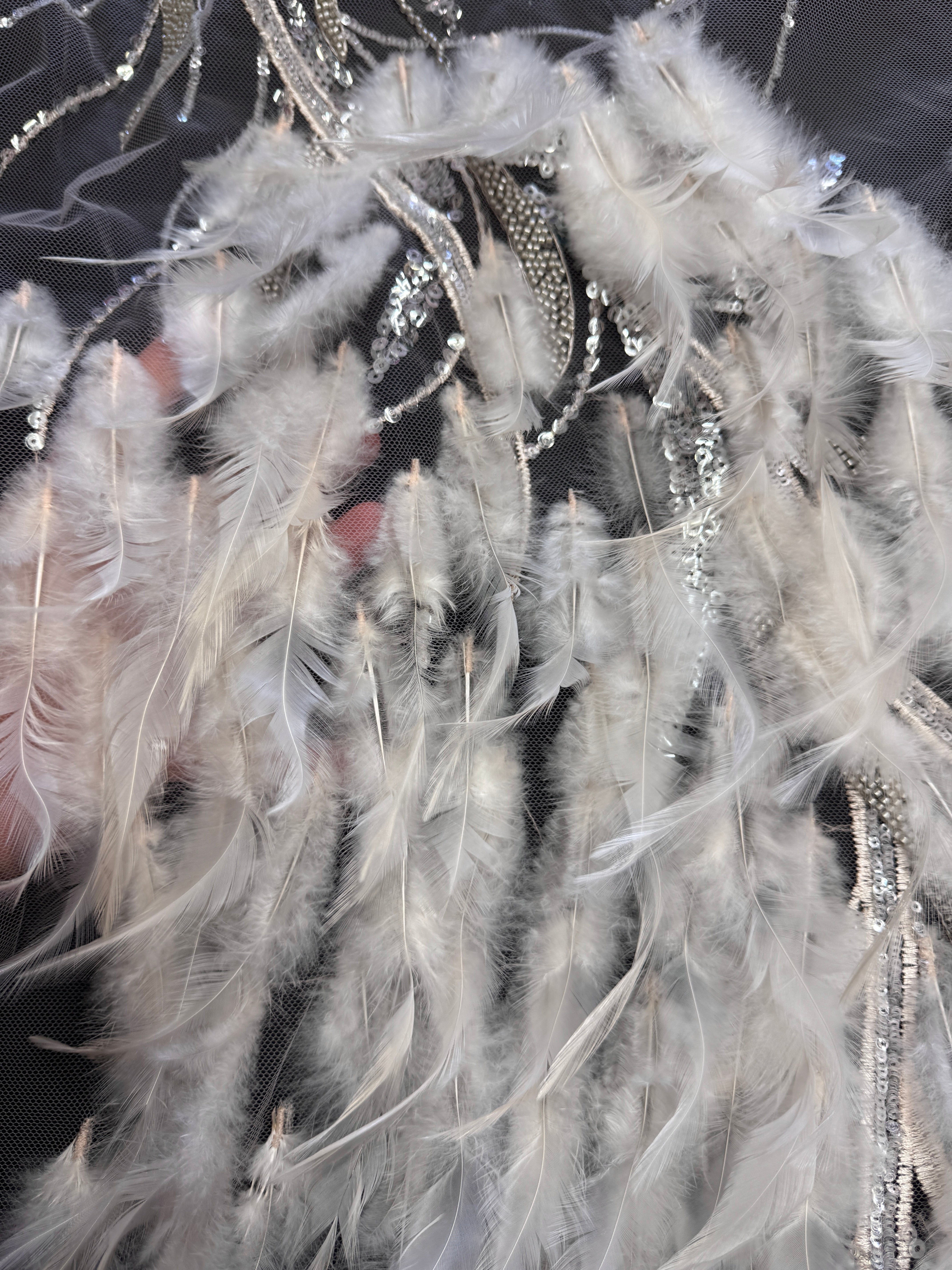 Pale Blush Feather Sequin Embroidered Scalloped Lace, Embroidered Lace Fabric, Sequin Embroidered Lace, Embellished Lace Fabric, Luxury Lace Fabric, Fancy Lace Fabric