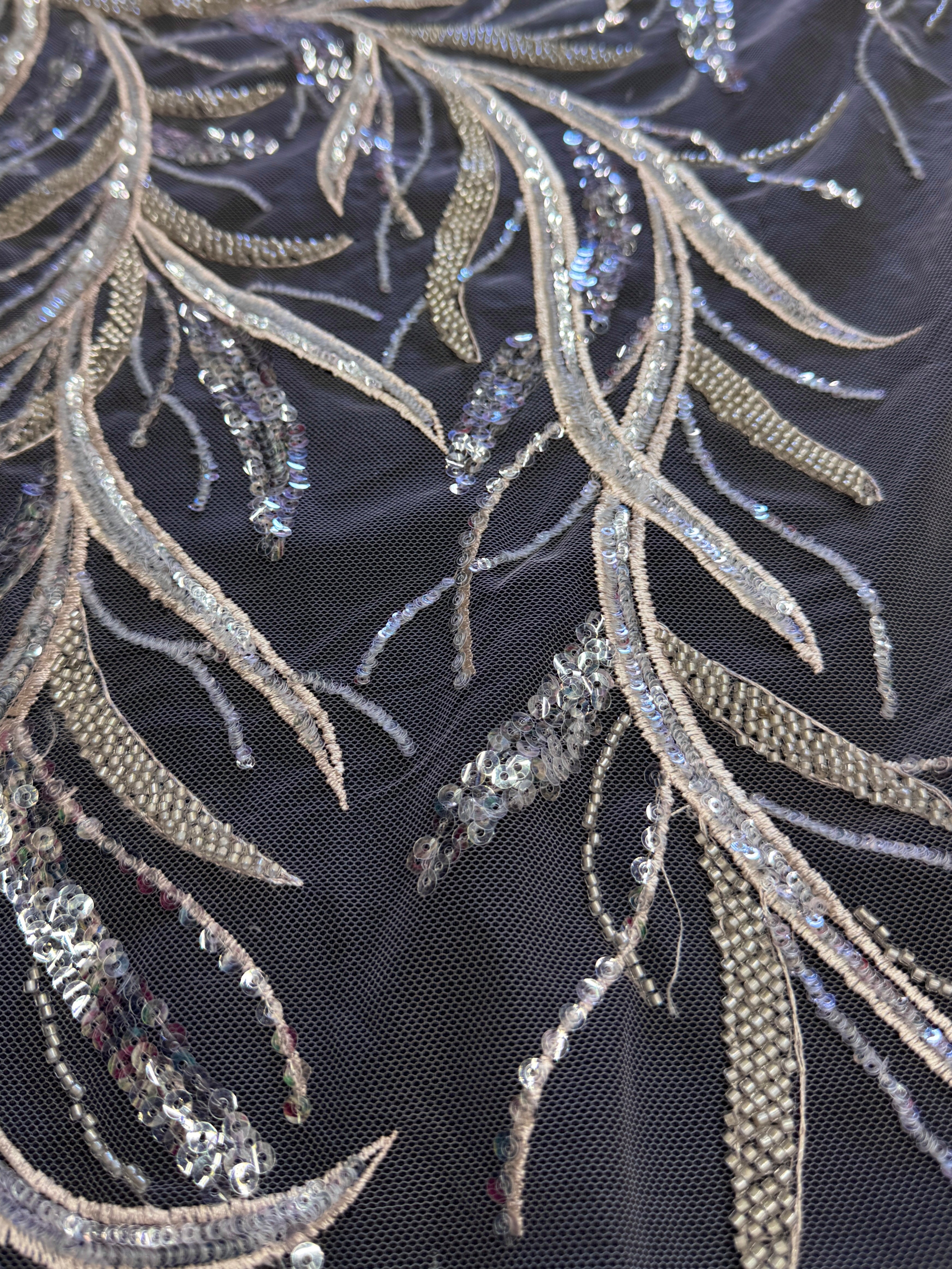 Pale Blush Feather Sequin Embroidered Scalloped Lace, Fabric Store, Sewing Store, Cheap Fabric Store, Kiki Textiles, Textile by the Yard