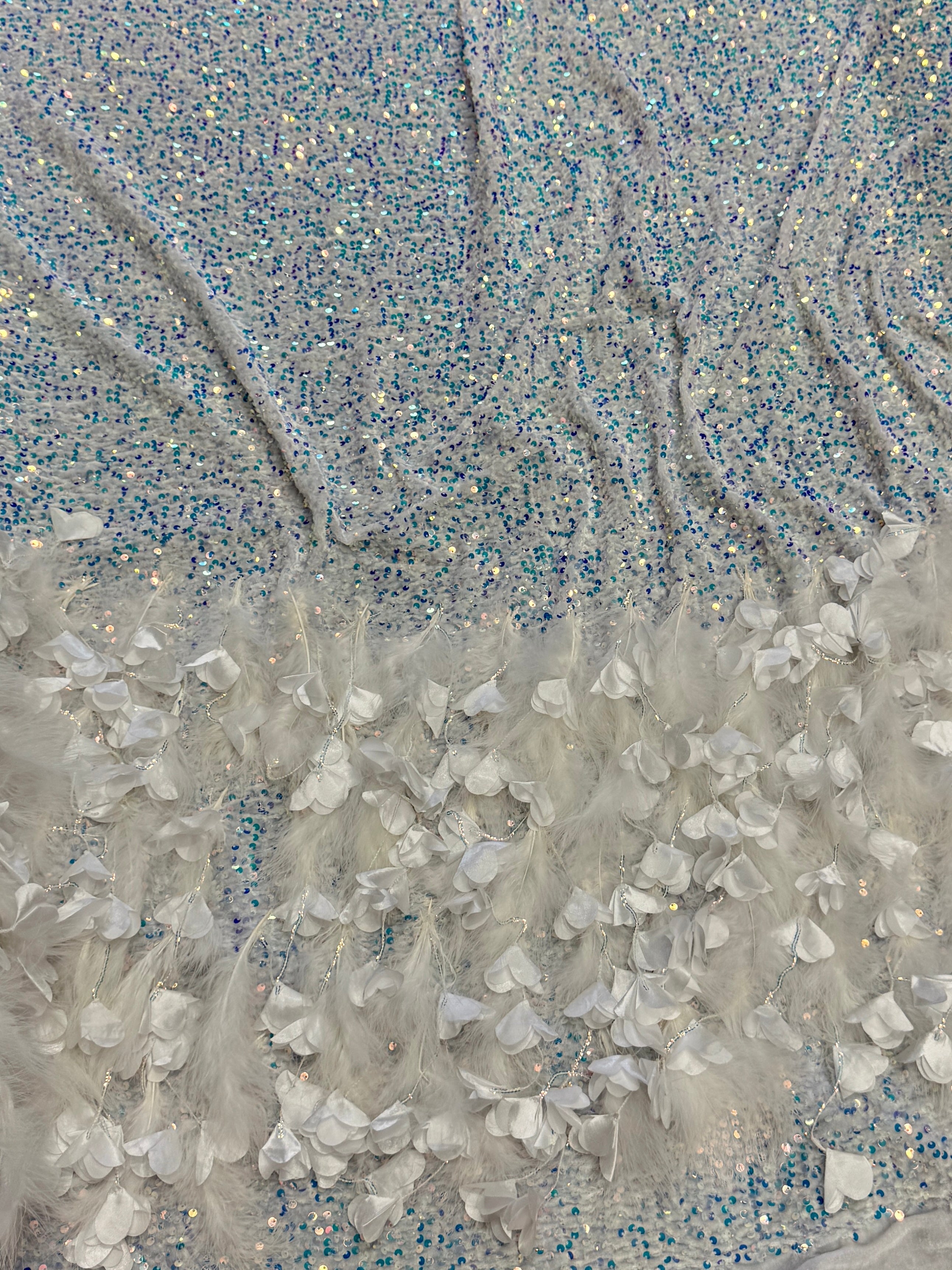 Ice White Iridescent Feather Sequin on Velvet, Sequin on velvet, Sequin Mesh, Sequin velvet for woman, Sequin velvet for bride, Sequin velvet on discount