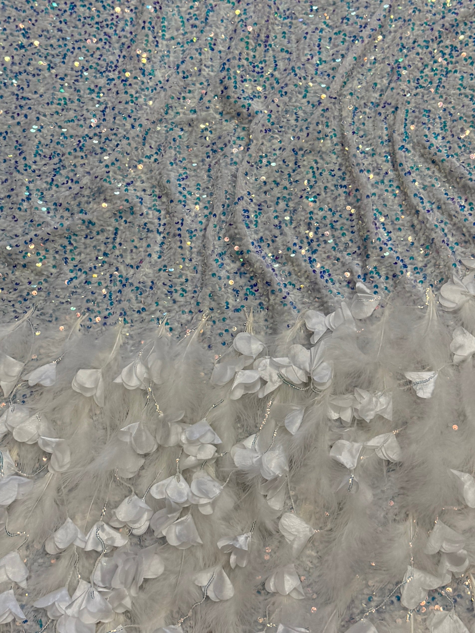 Ice White Iridescent Feather Sequin on Velvet, Fabric Store, Sewing Store, Cheap Fabric Store, Kiki Textiles, Textile by the Yard