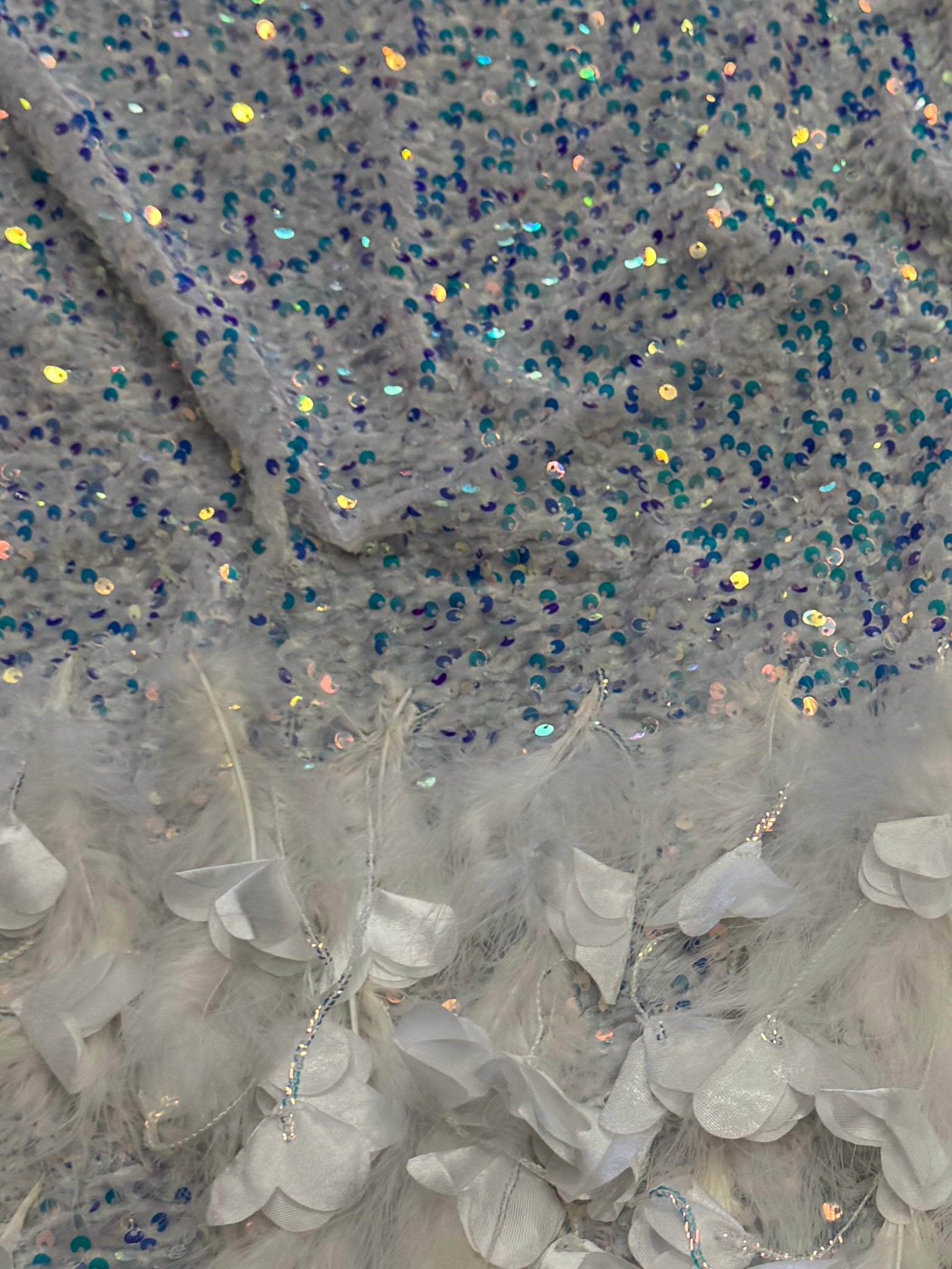 Ice White Iridescent Feather Sequin on Velvet, Sequin on velvet, Sequin Mesh, Sequin velvet for woman, Sequin velvet for bride, Sequin velvet on discount