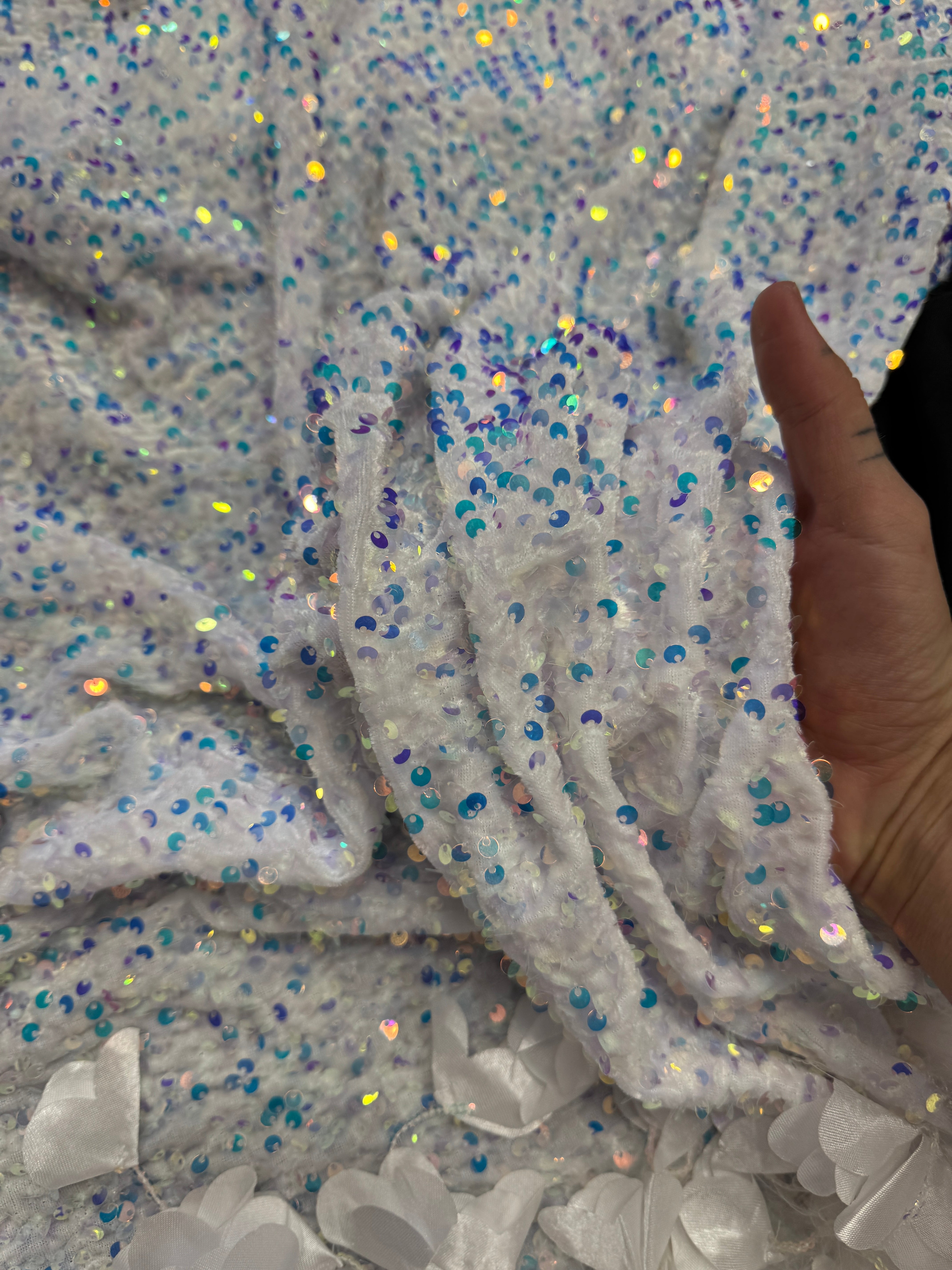 Ice White Iridescent Feather Sequin on Velvet, Fabric Store, Sewing Store, Cheap Fabric Store, Kiki Textiles, Textile by the Yard