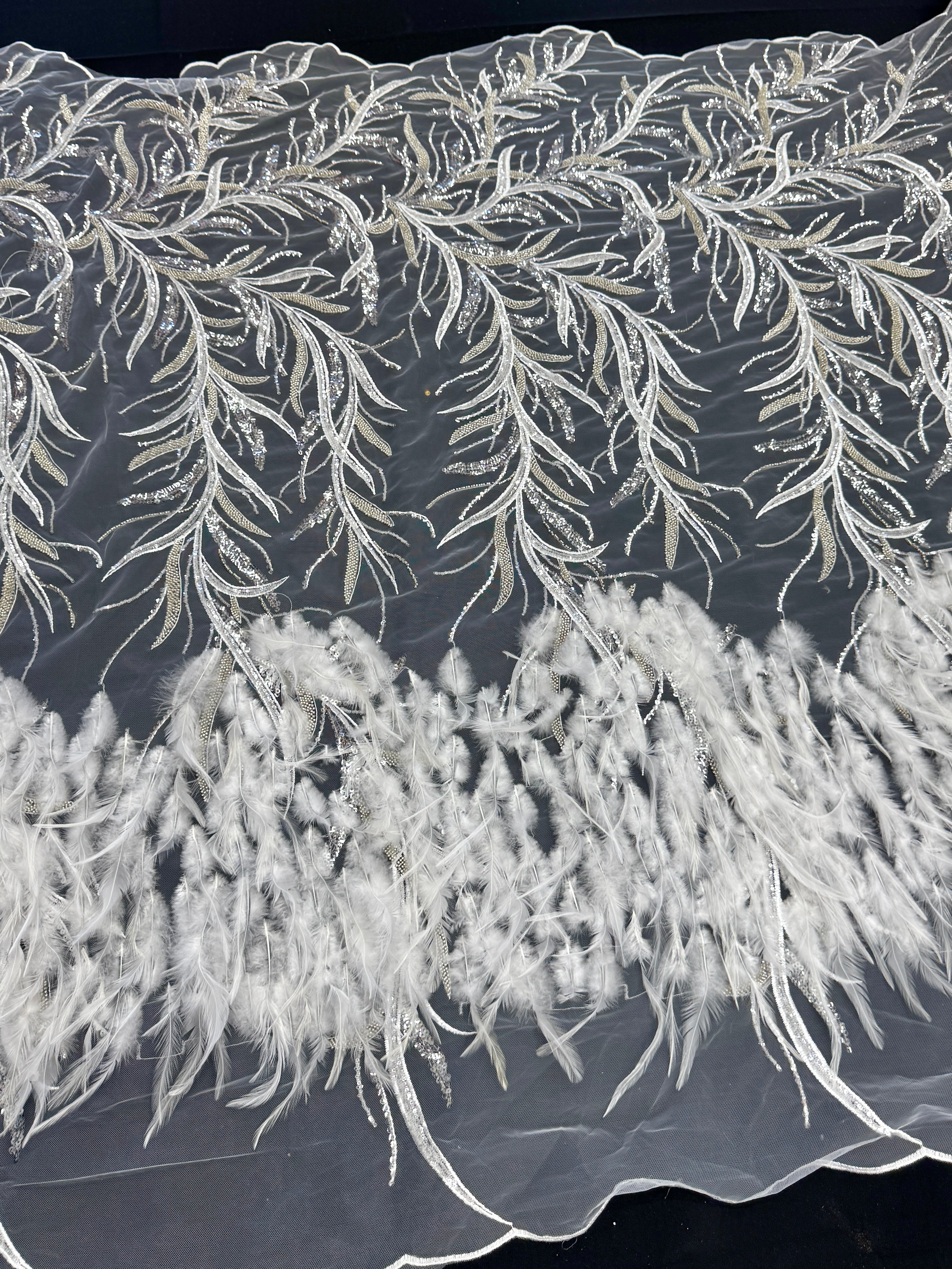 Off White Feather Sequin Embroidered Scalloped Lace, Embroidered Lace Fabric, Sequin Embroidered Lace, Embellished Lace Fabric, Luxury Lace Fabric, Fancy Lace Fabric