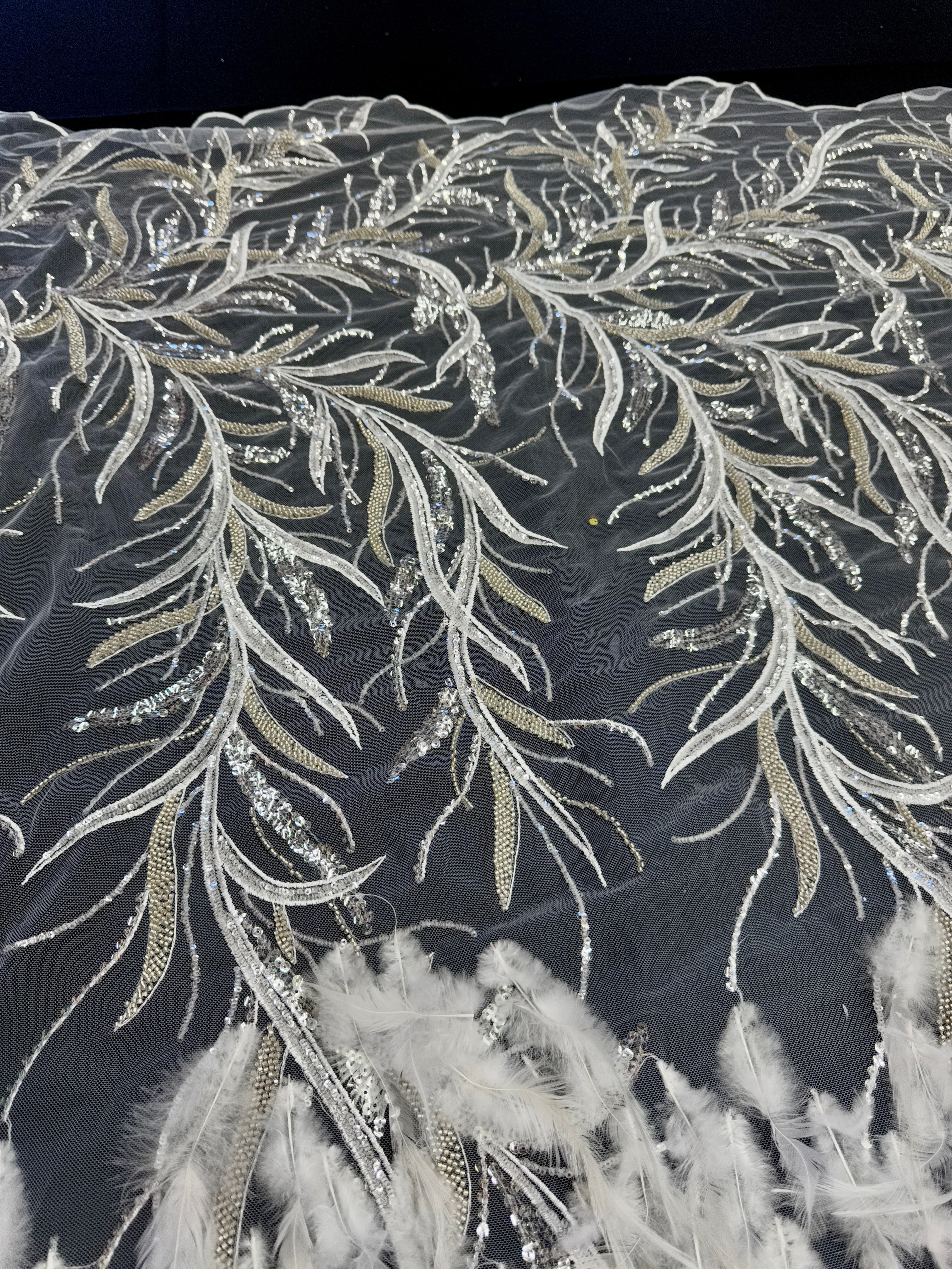 Off White Feather Sequin Embroidered Scalloped Lace, Fabric Store, Sewing Store, Cheap Fabric Store, Kiki Textiles, Textile by the Yard