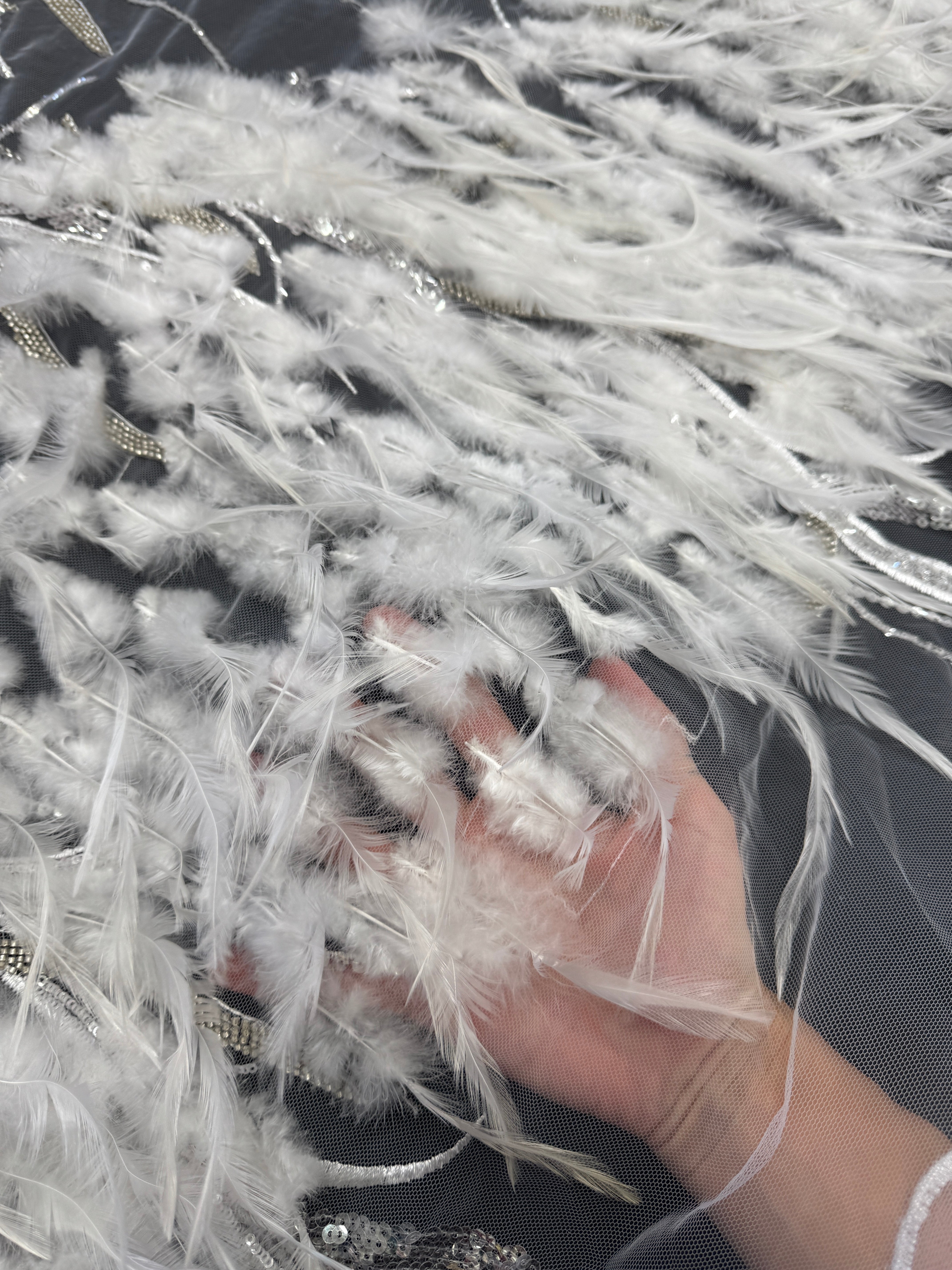 Off White Feather Sequin Embroidered Scalloped Lace, Embroidered Lace Fabric, Sequin Embroidered Lace, Embellished Lace Fabric, Luxury Lace Fabric, Fancy Lace Fabric